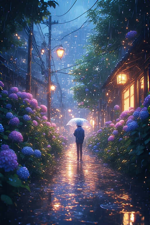 anime rainy street, glowing purple hydrangeas, rain-slicked alley, SD Phone Wallpaper