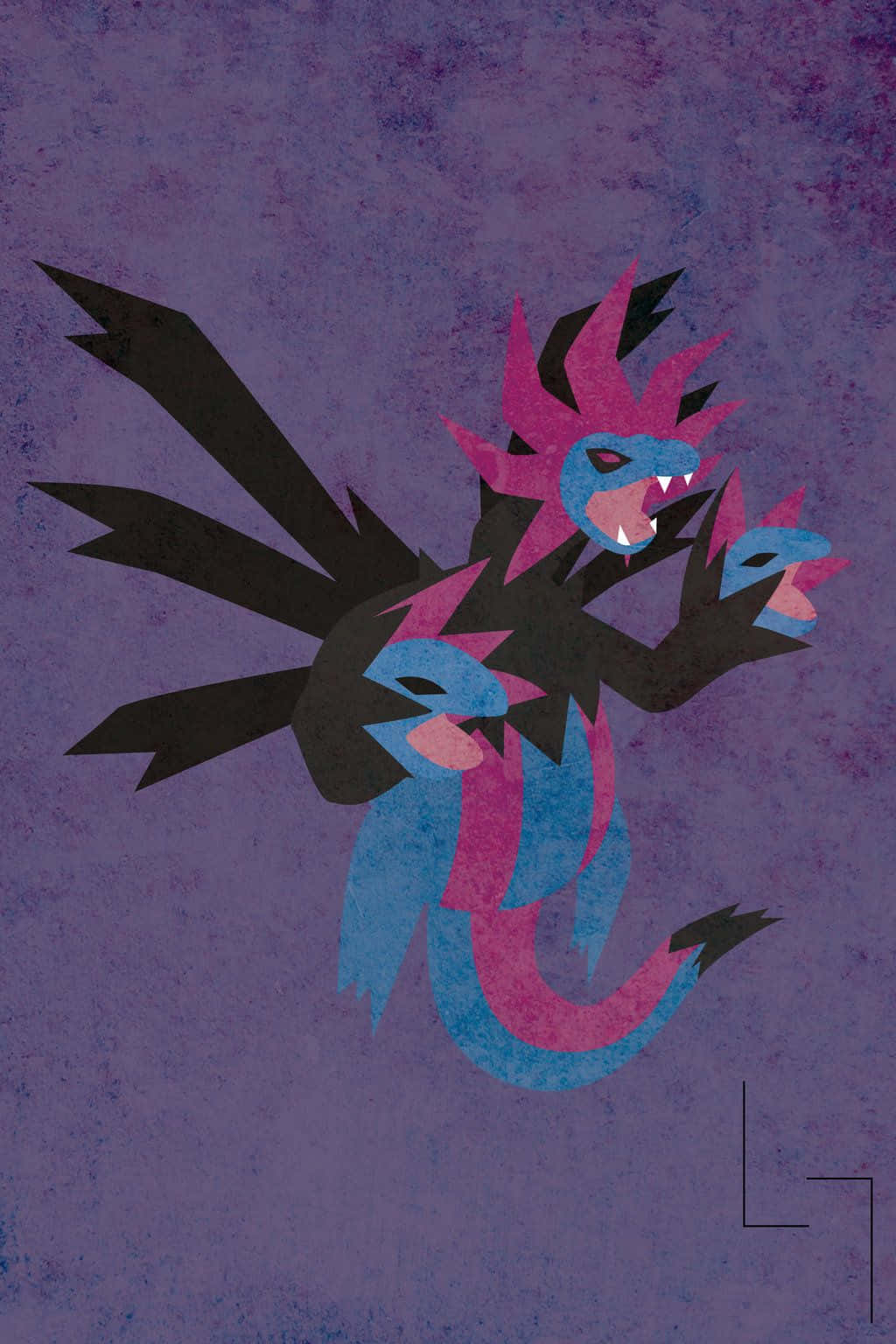 Hydreigon, three-headed dragon Pokemon, blue and pink geometric scales, HD Phone Wallpaper