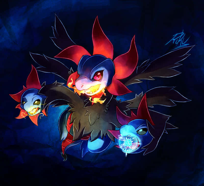 Hydreigon, chibi-style, fiery red wings, SD Desktop Wallpaper