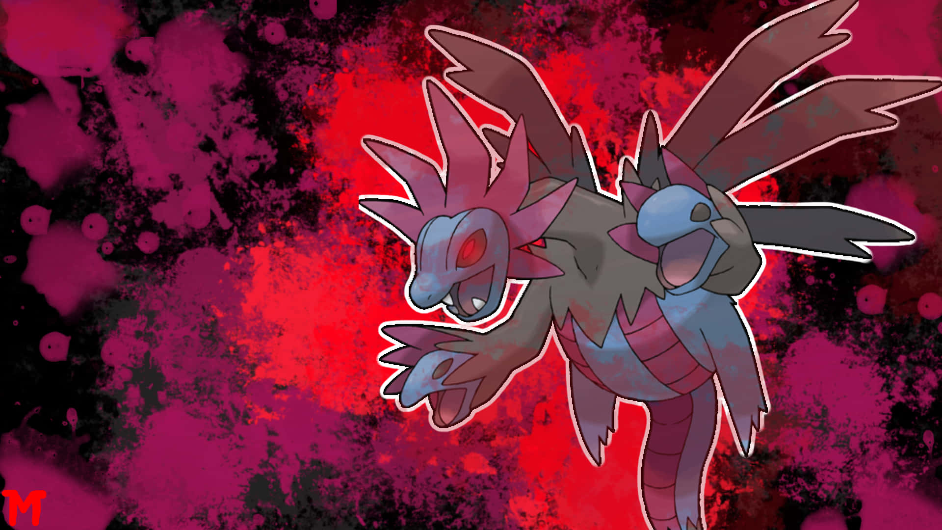Hydreigon, dark red and blue, spiky features, Full HD Desktop Wallpaper