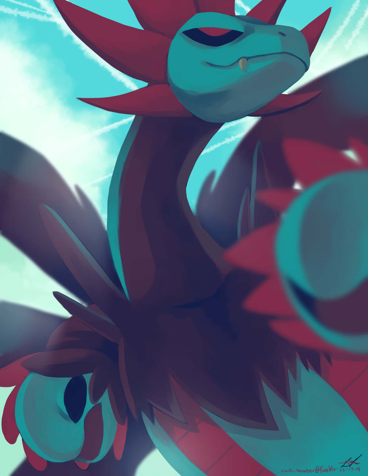 Hydreigon, teal scales, red spiky mane, HD Phone Wallpaper