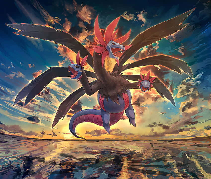 Hydreigon, three-headed dragon, reflective ocean, SD Desktop Wallpaper
