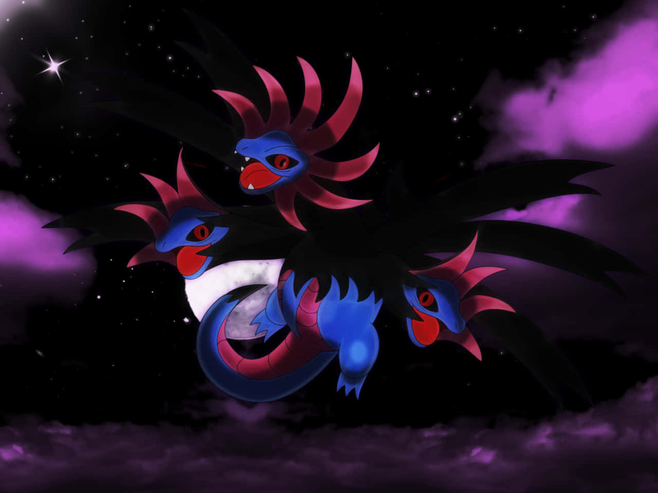 Hydreigon, starry night sky, purple clouds, HD Desktop Wallpaper