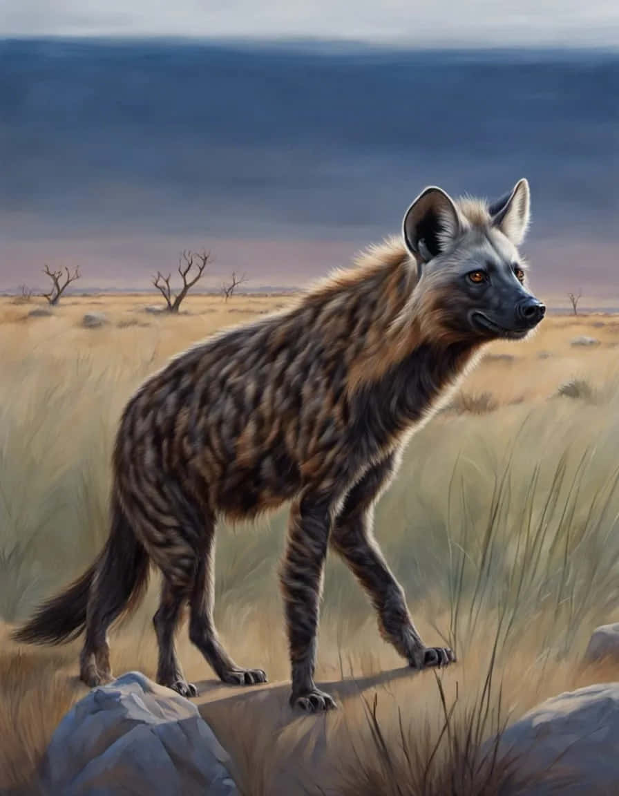 striped hyena, dry grassland, bare trees, SD Phone Wallpaper