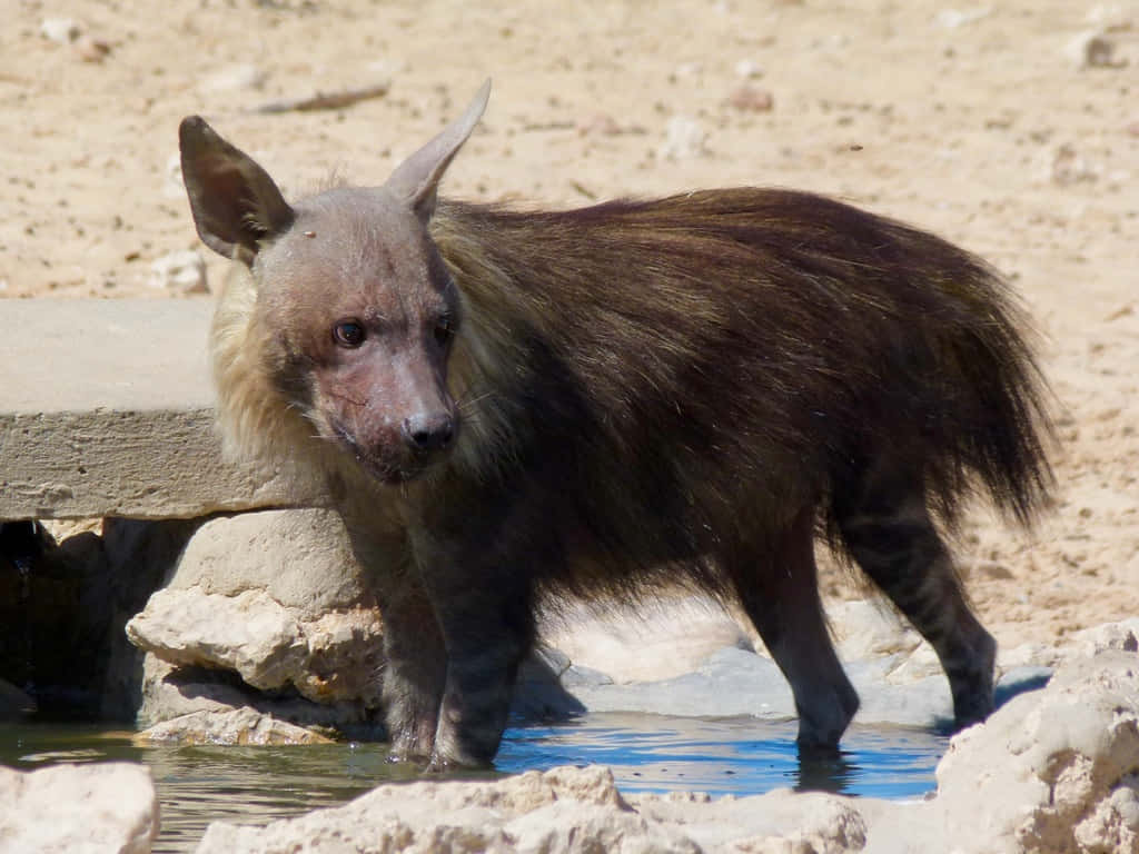 brown hyena, rocky watering hole, shallow water, SD Desktop Wallpaper