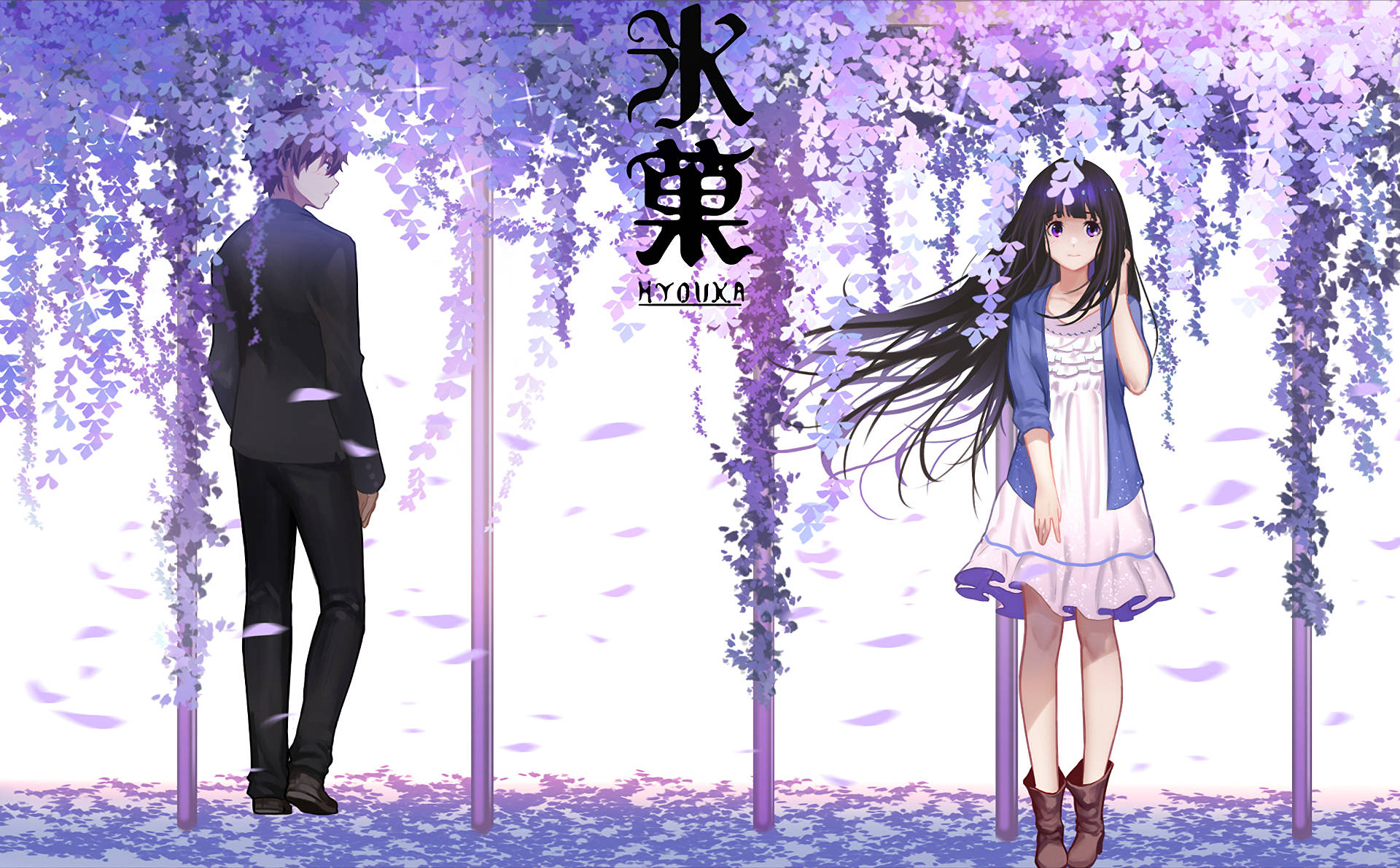 Hyouka, purple wisteria vines, falling petals, Full HD Desktop Wallpaper