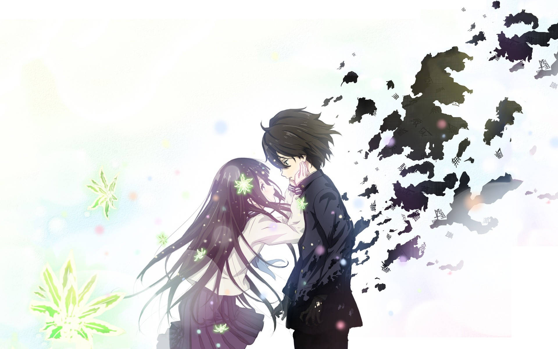 Hyouka, glowing green flowers, soft white background, Full HD Desktop Wallpaper