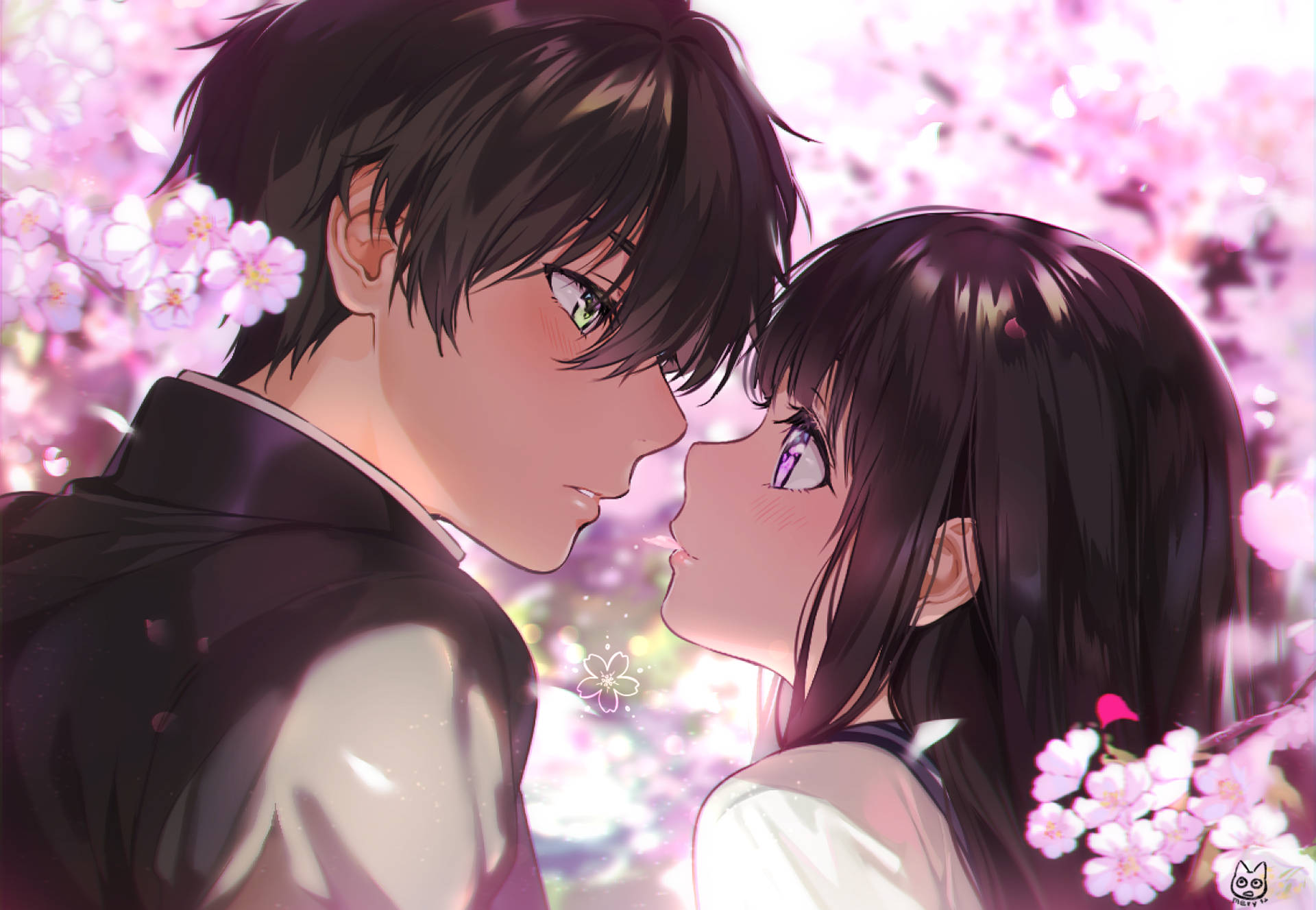 Hyouka, cherry blossoms, couple, Full HD Desktop Wallpaper