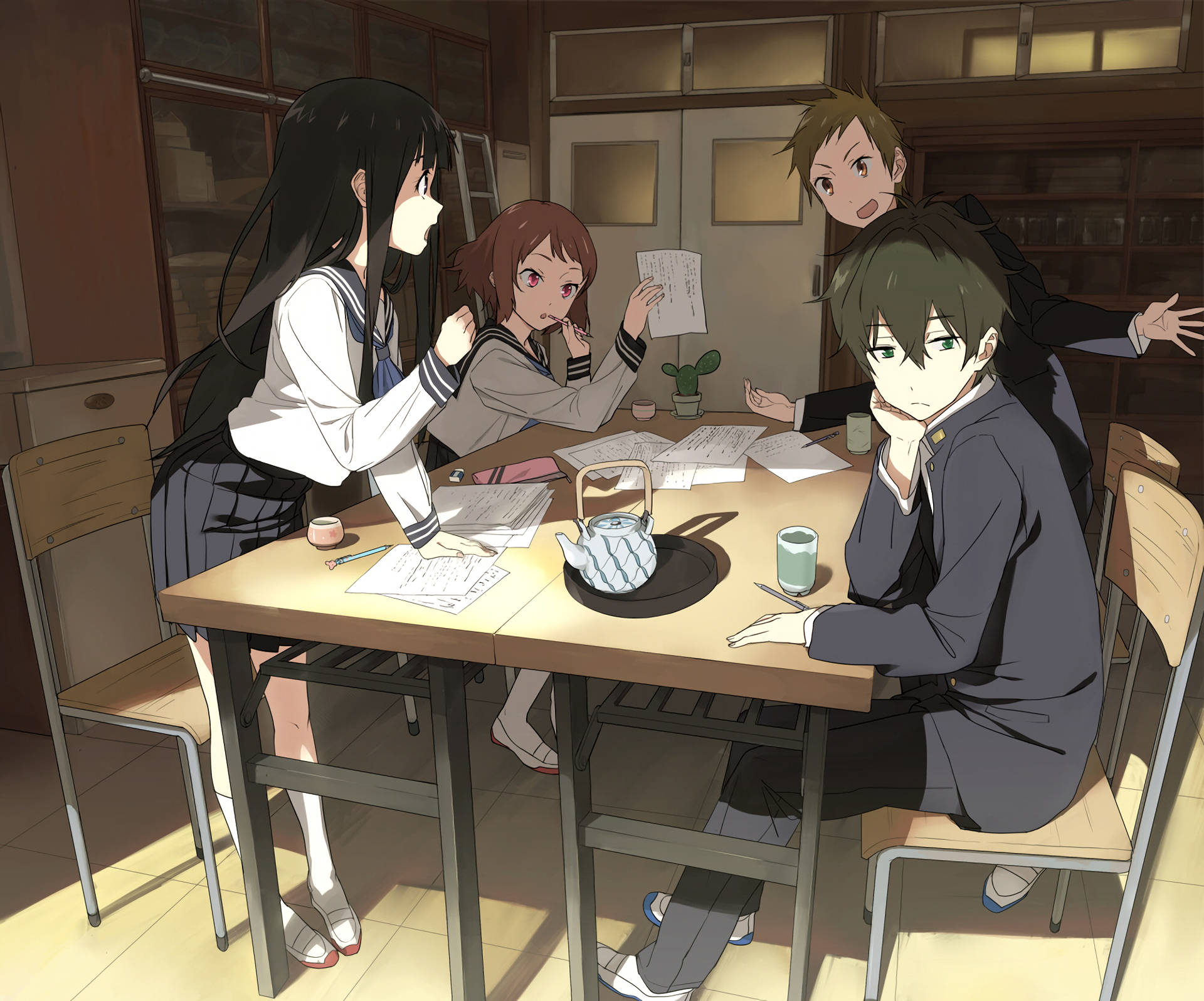 Hyouka, main cast, wooden table, Full HD Desktop Wallpaper