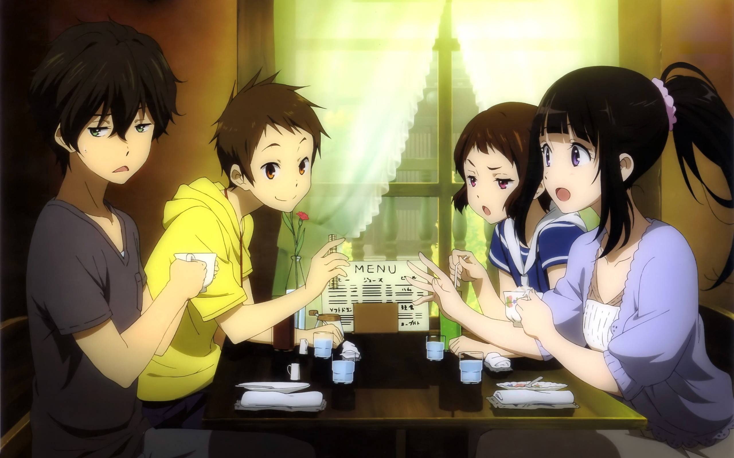 Hyouka, anime teens, cafe table, 2K Desktop Wallpaper