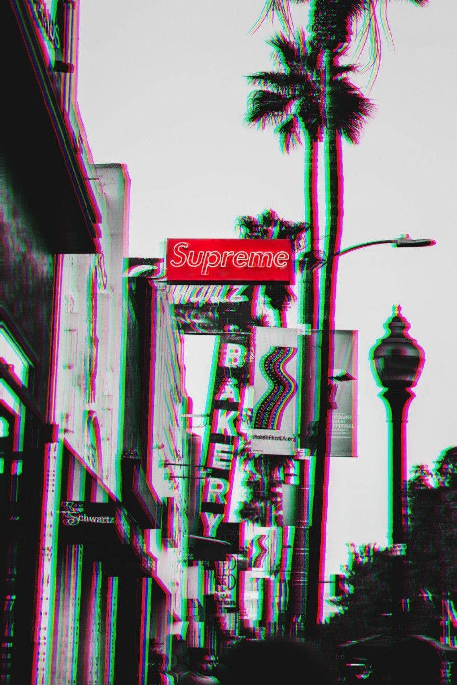 Supreme Aesthetic Glitch, glitchy urban street scene, palm trees, HD Phone Wallpaper