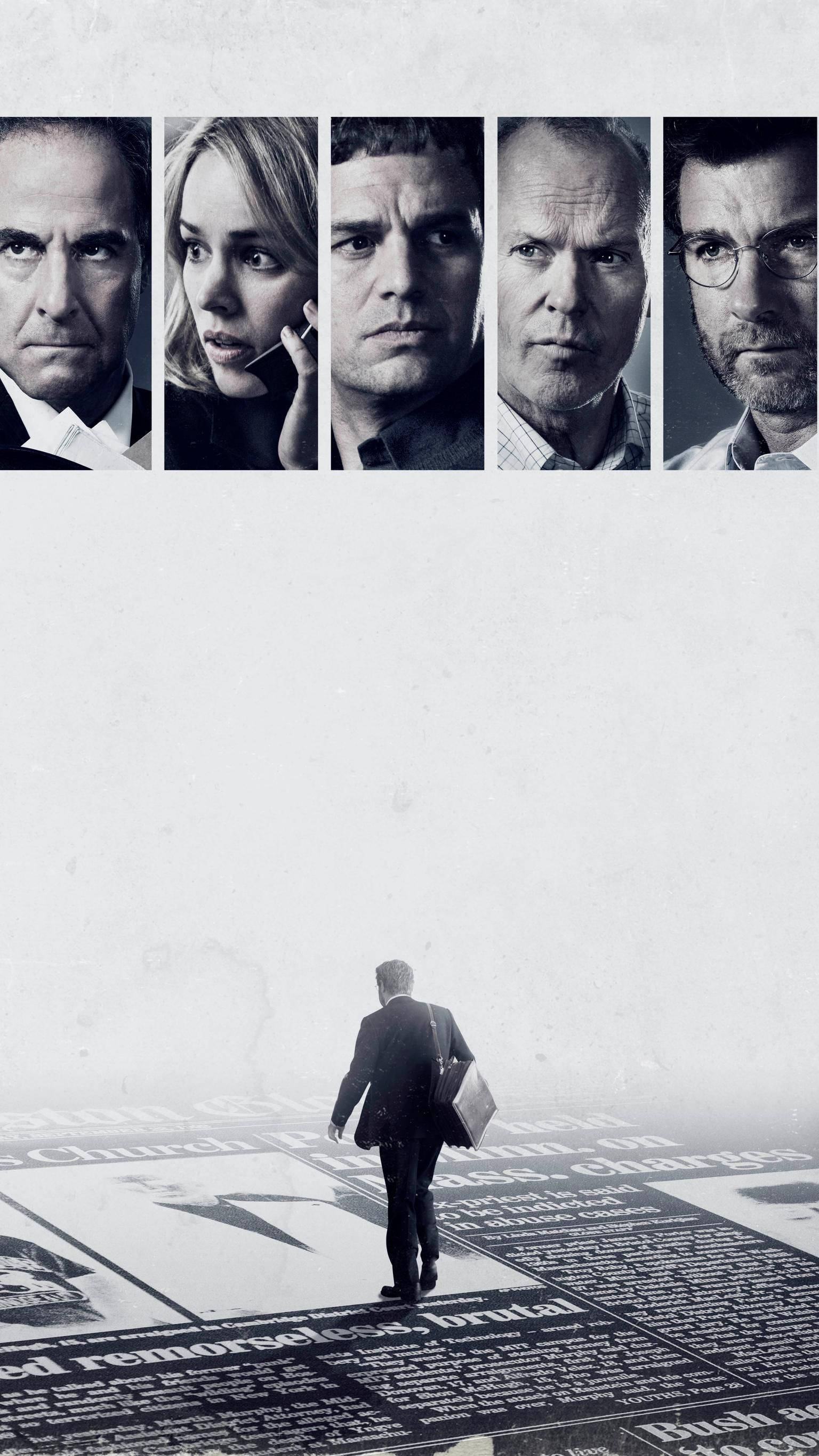 Spotlight, newspaper floor, five intense character portraits, 2K Phone Wallpaper