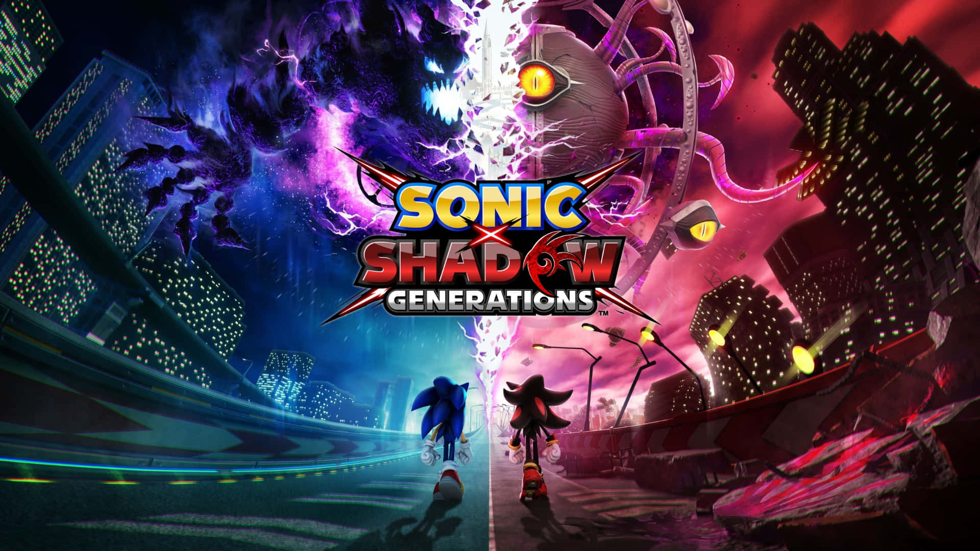 Sonic, Shadow, neon-lit city street, Full HD Desktop Wallpaper