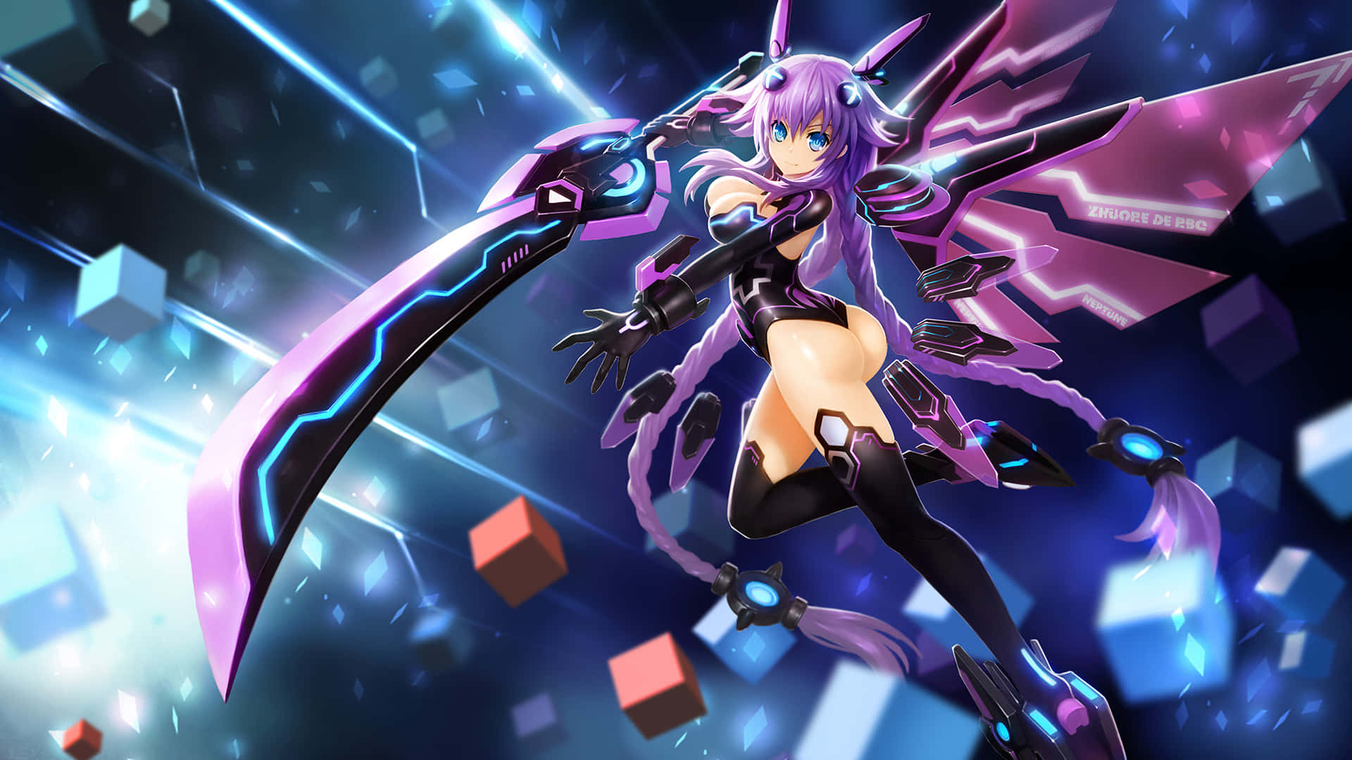 Hyperdimension Neptunia, purple-haired anime girl, glowing cybernetic scythe, Full HD Desktop Wallpaper