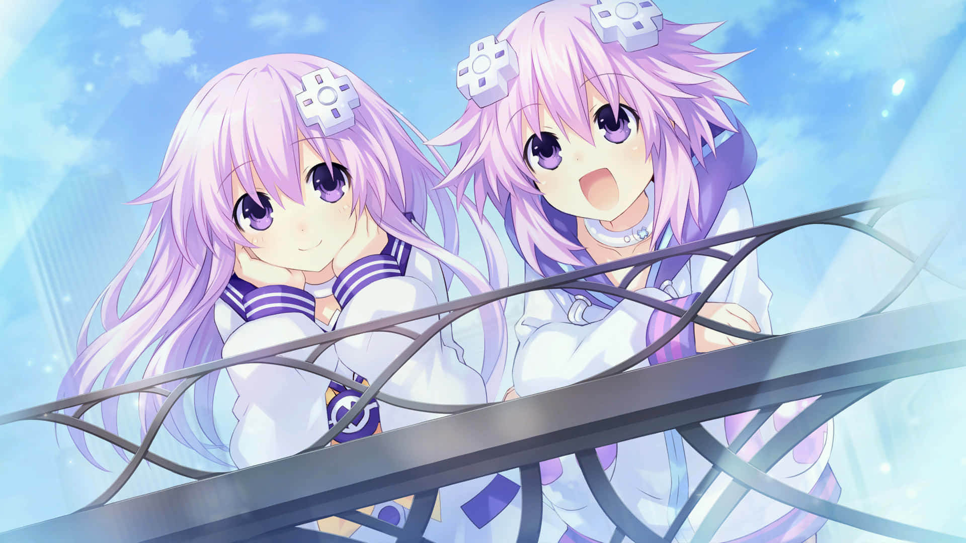 Hyperdimension Neptunia, purple hair, game controller hair clips, Full HD Desktop Wallpaper
