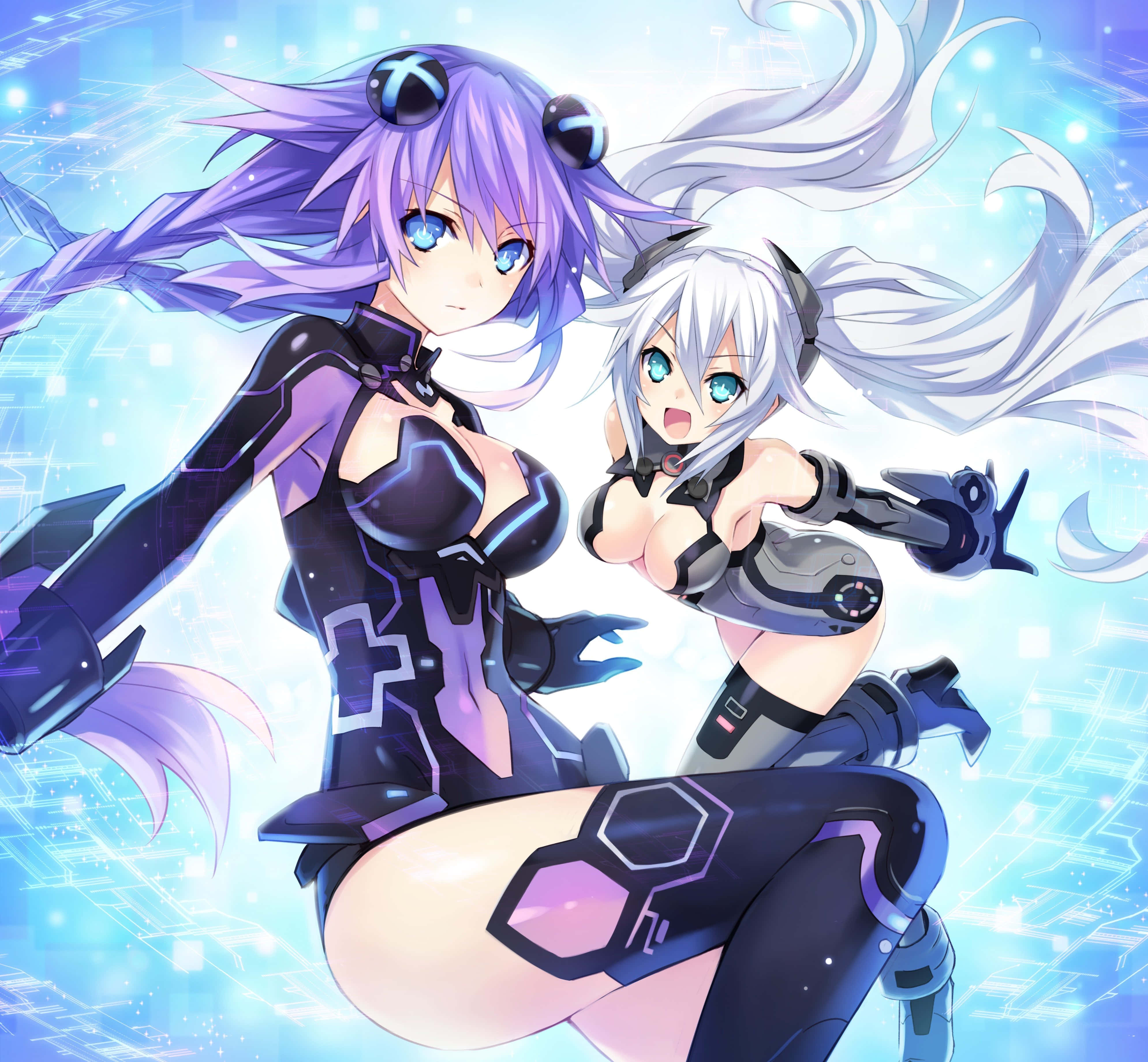 Hyperdimension Neptunia, purple and white hair, futuristic outfits, 4K Desktop Wallpaper