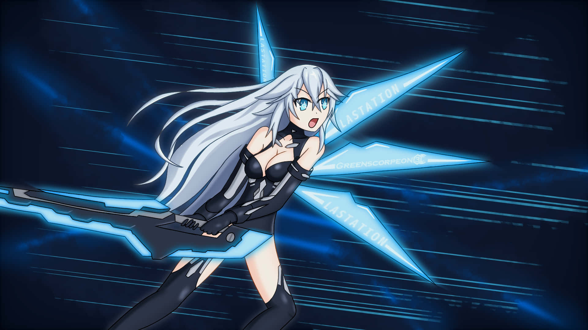 Hyperdimension Neptunia, silver-haired anime girl, glowing blue energy blades, Full HD Desktop Wallpaper