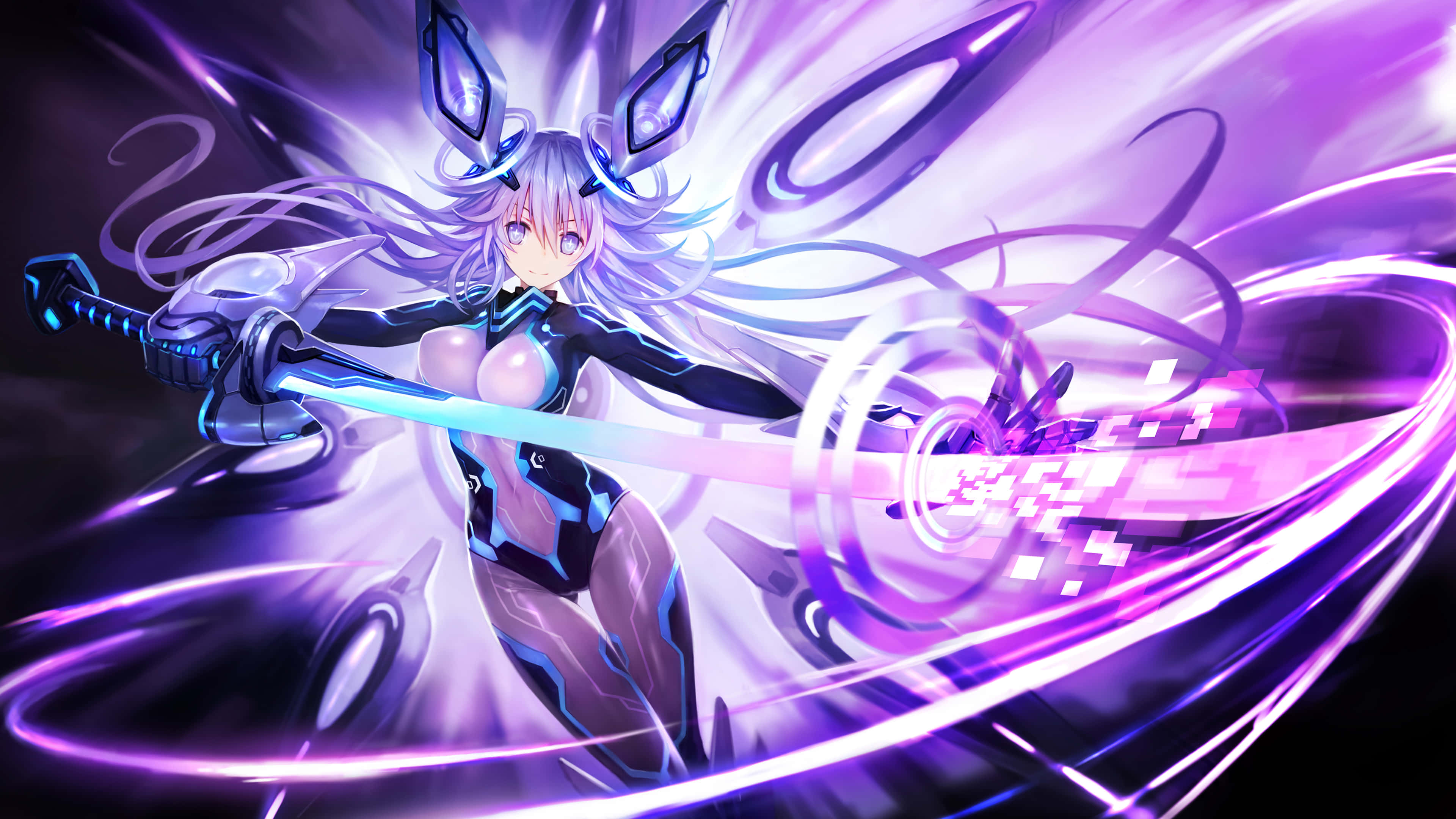 Hyperdimension Neptunia, silver hair, glowing sword, 4K Desktop Wallpaper
