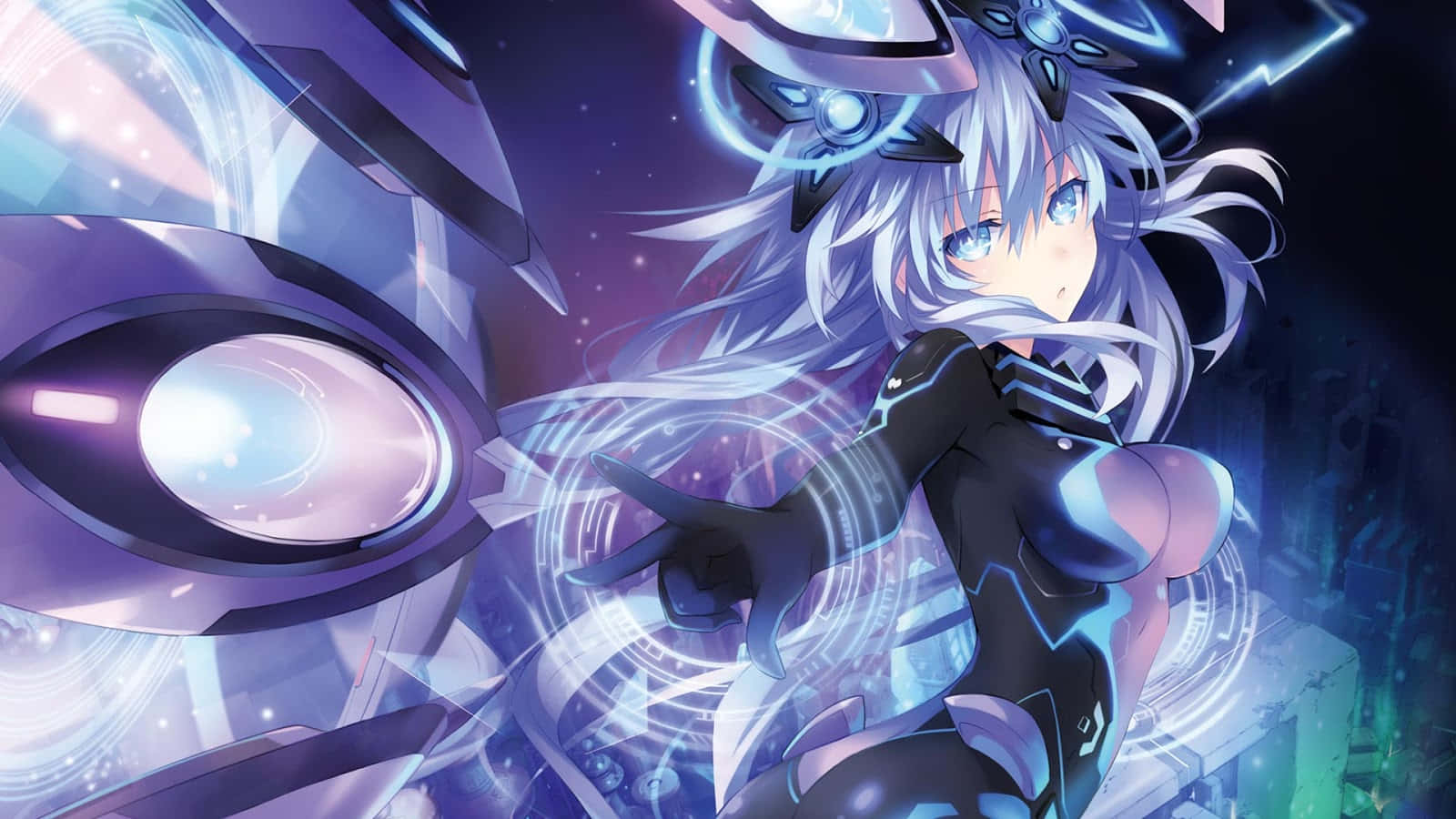 Hyperdimension Neptunia, silver-haired anime girl, glowing futuristic suit, HD Desktop Wallpaper