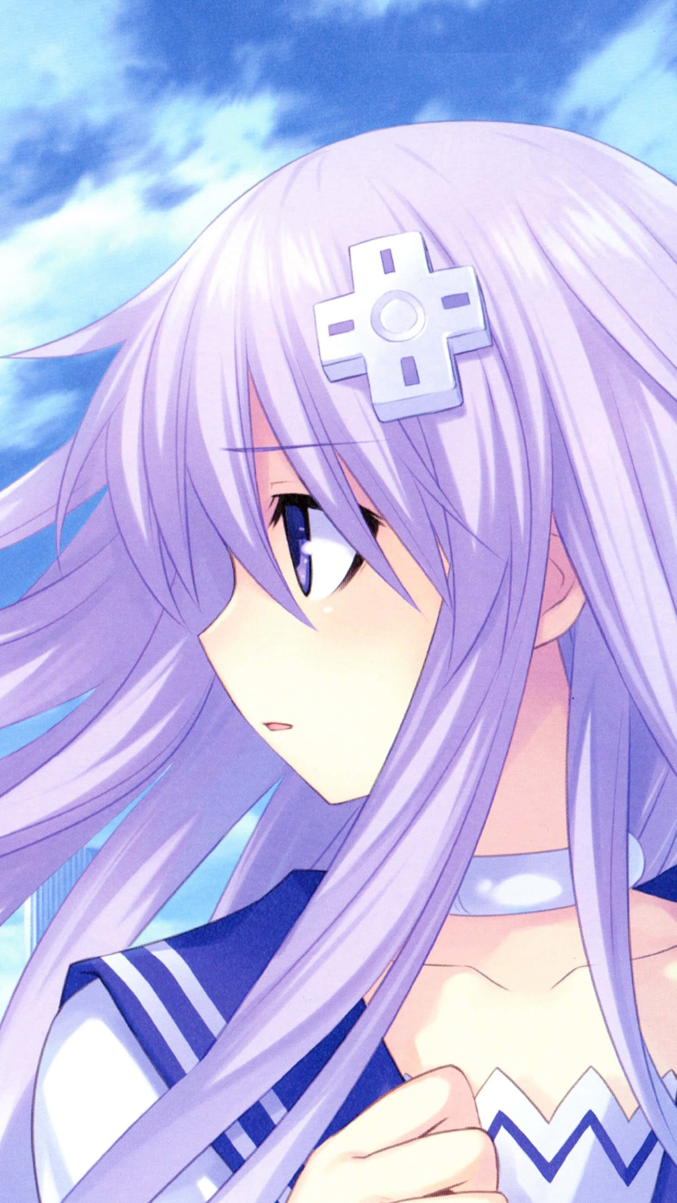 Hyperdimension Neptunia, long lavender hair, cross-shaped hair clip, 4K Phone Wallpaper