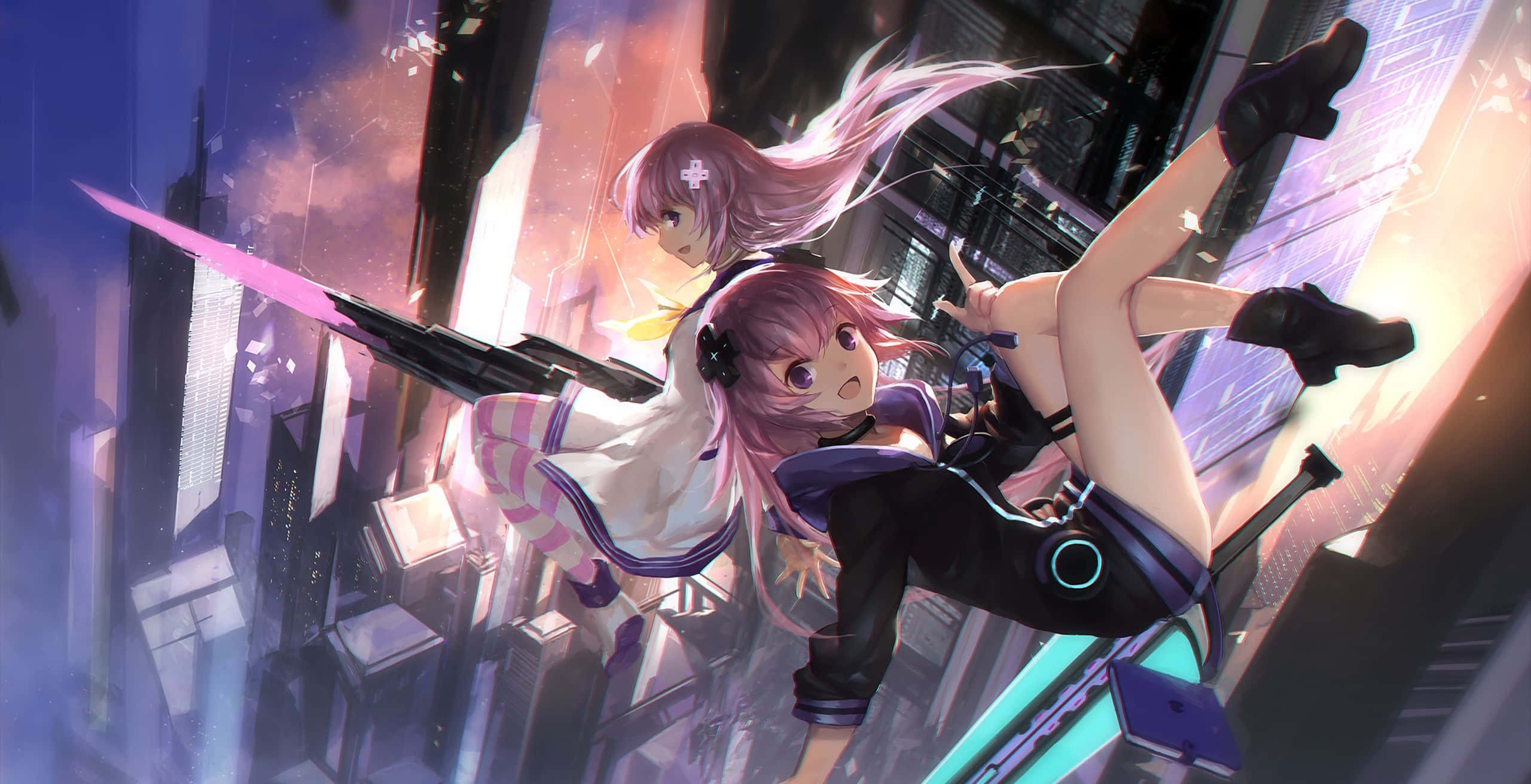 Hyperdimension Neptunia, pink hair, neon-lit futuristic cityscape, 2K Desktop Wallpaper