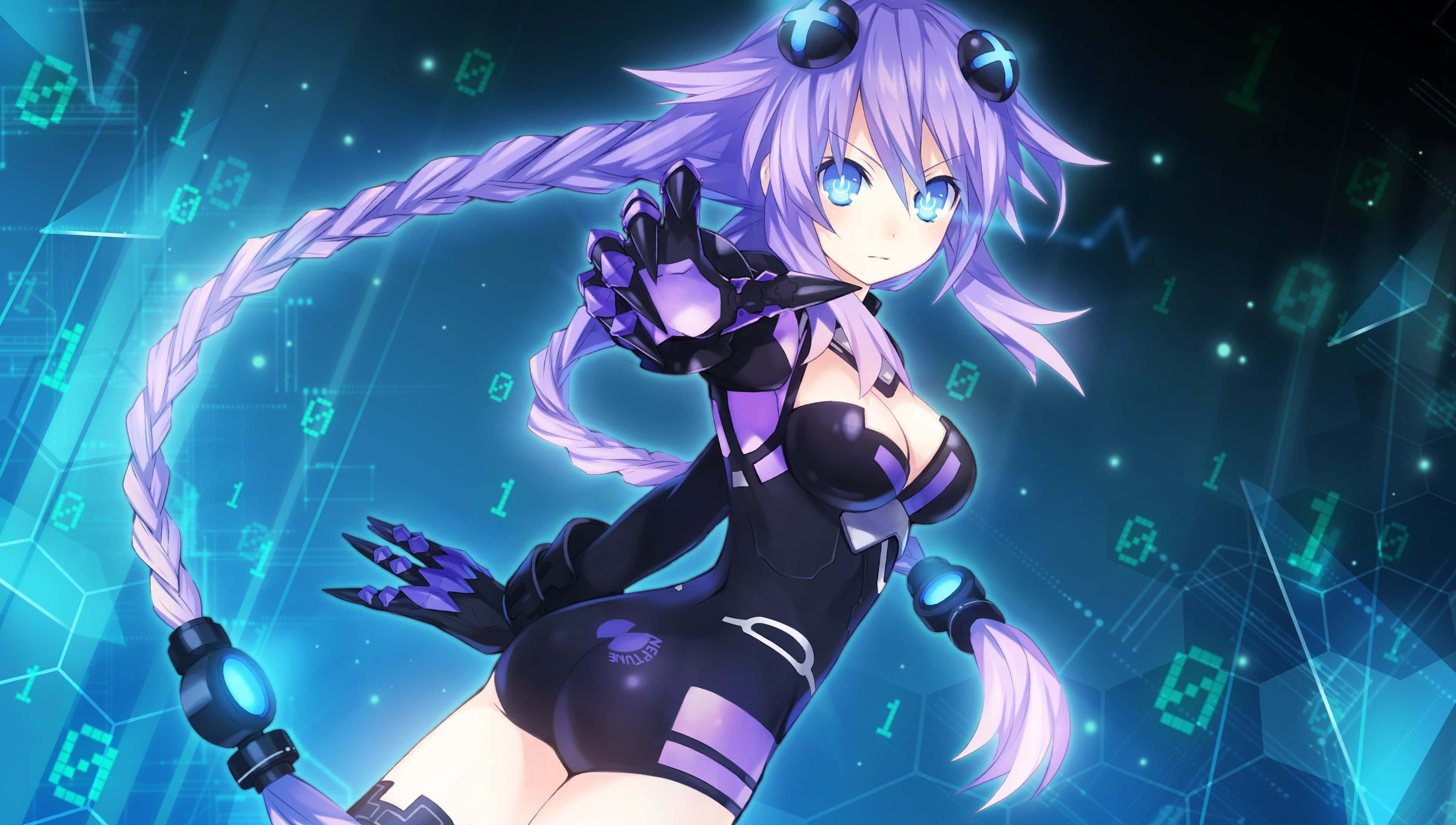 Hyperdimension Neptunia, purple-haired anime girl, black cybernetic outfit, 4K Desktop Wallpaper