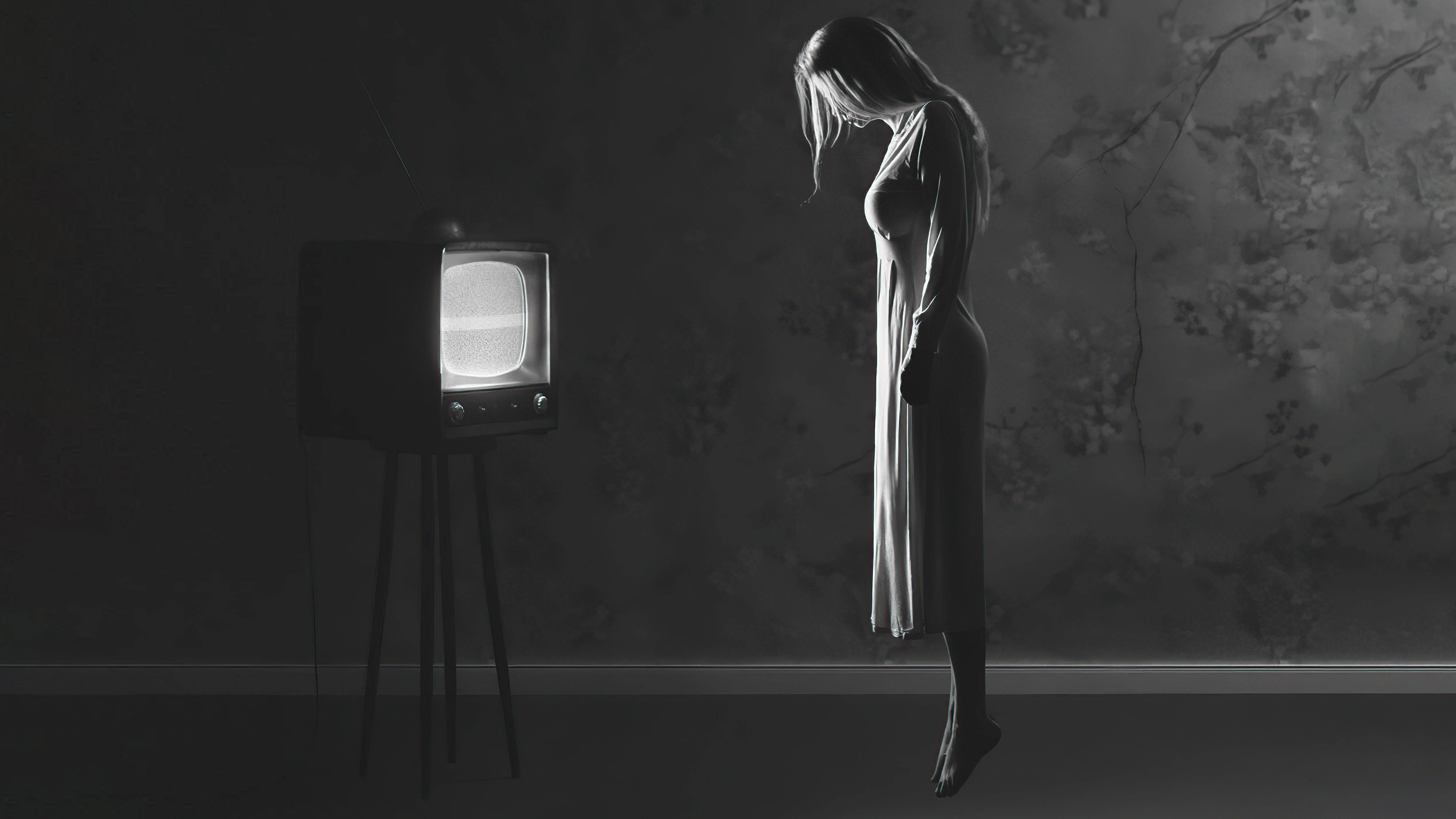 Hypnosis, woman floating, glowing vintage TV set, 5K Desktop Wallpaper