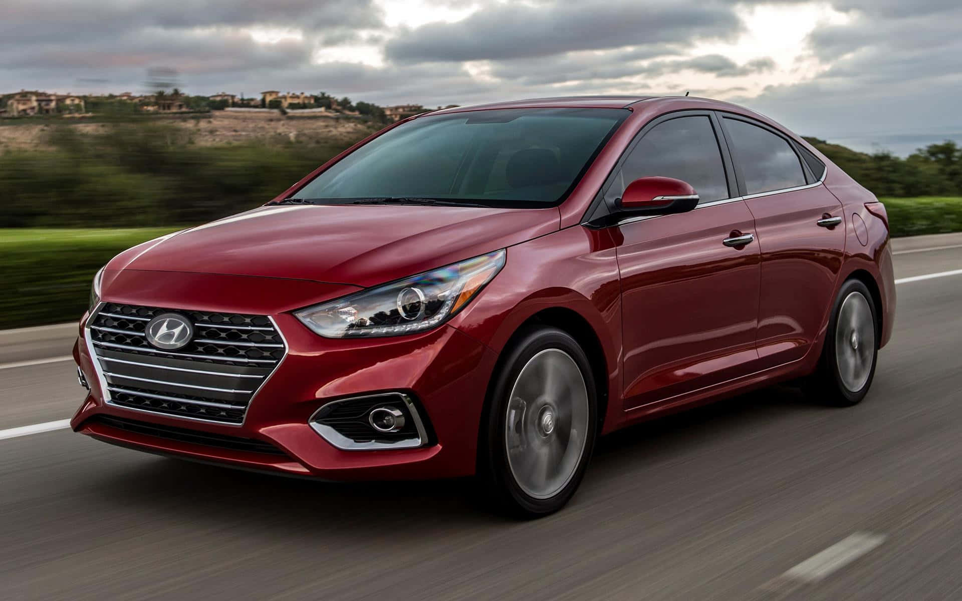 Hyundai Accent, glossy red, highway, Full HD Desktop Wallpaper