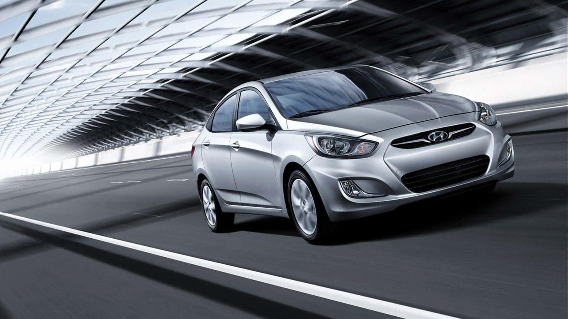 Hyundai Accent, sleek silver sedan, modern glass tunnel, Full HD Desktop Wallpaper