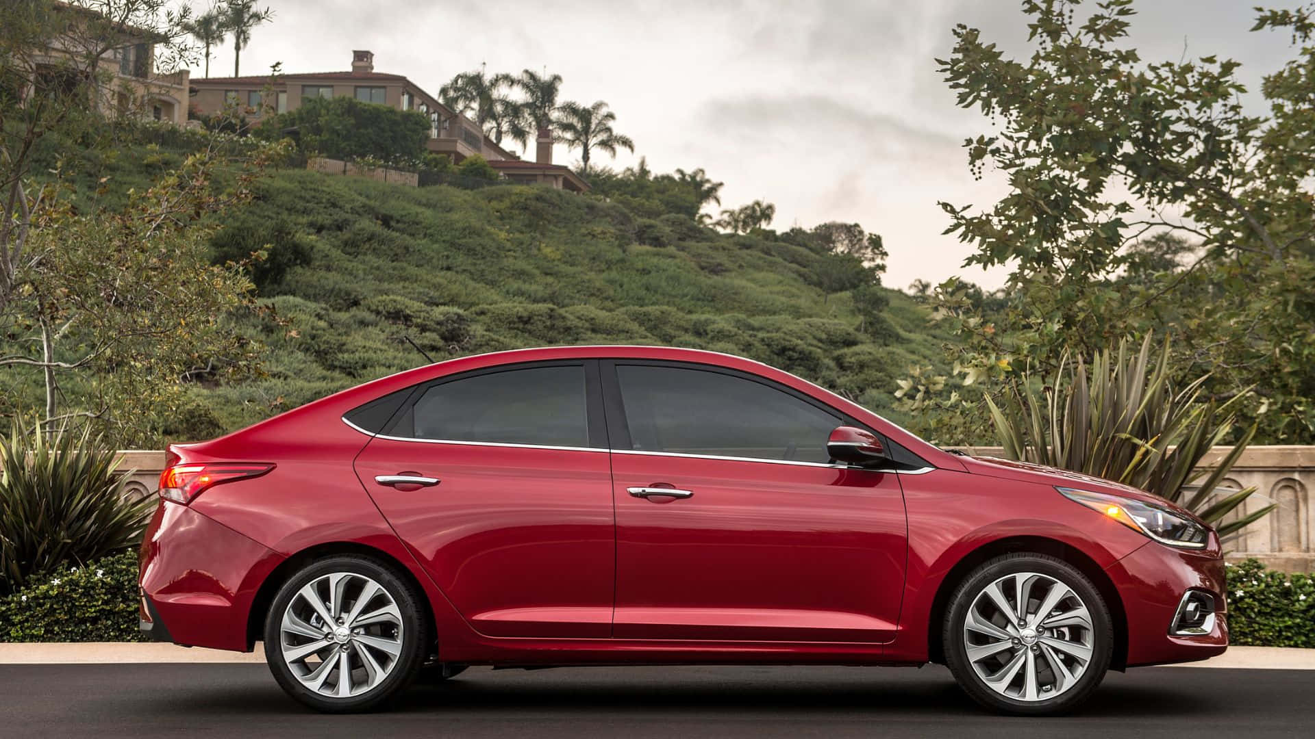Hyundai Accent, glossy red, paved road, Full HD Desktop Wallpaper