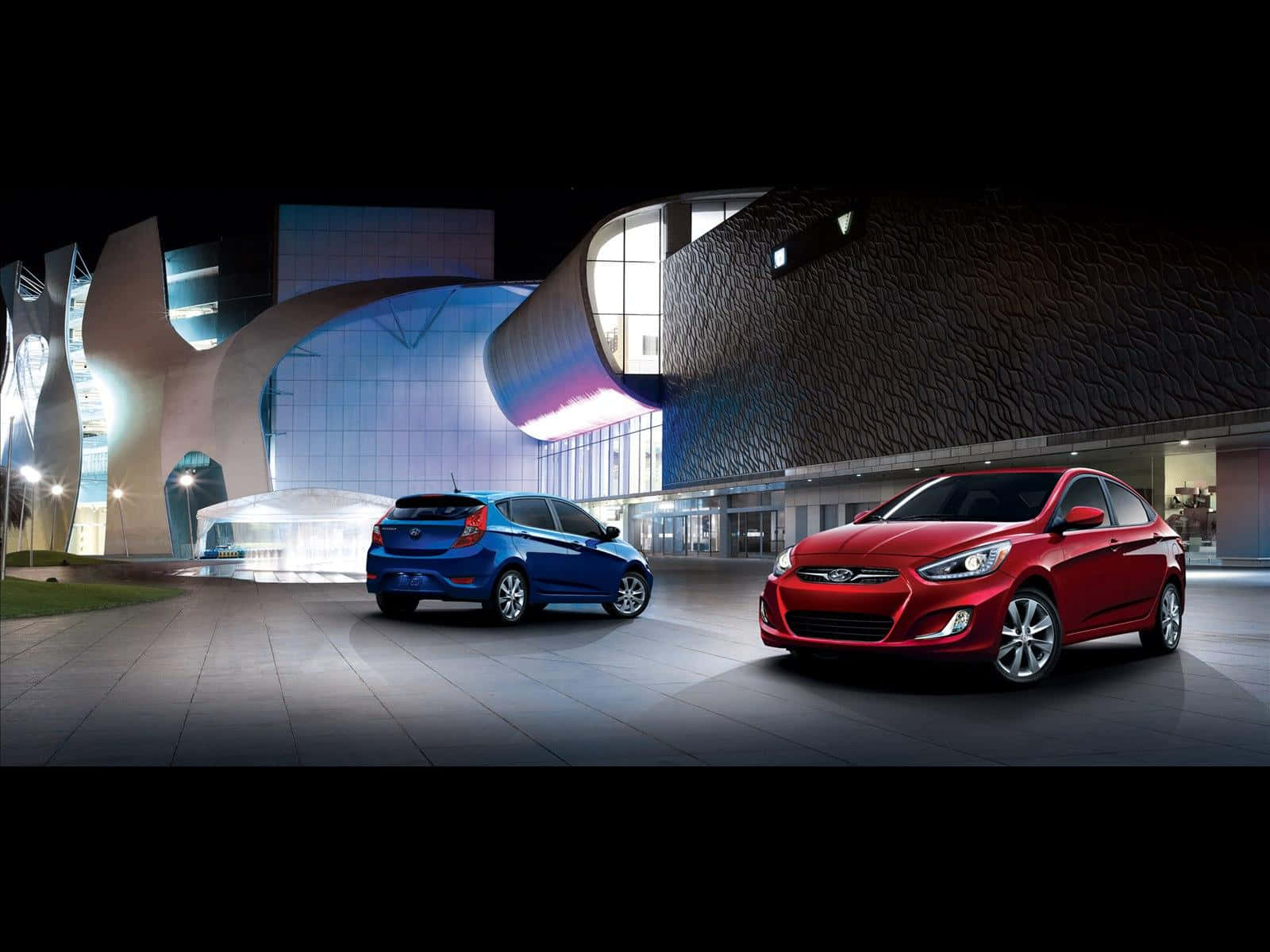 Hyundai Accent, blue hatchback, red sedan, HD Desktop Wallpaper