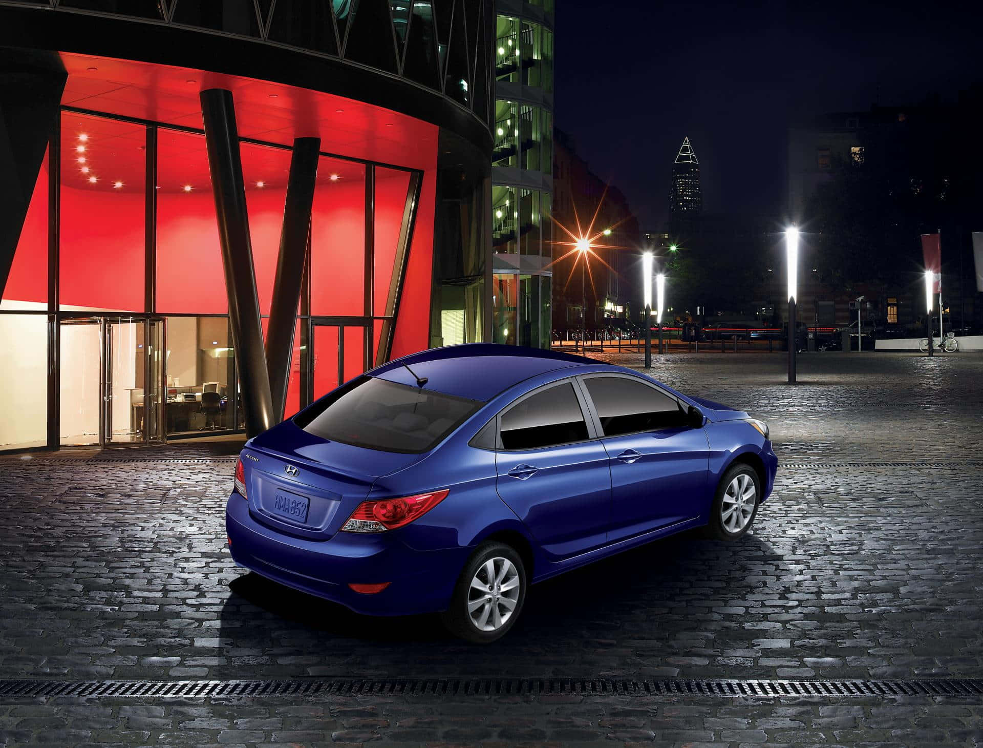 Hyundai Accent, glossy blue, wet cobblestone street, Full HD Desktop Wallpaper
