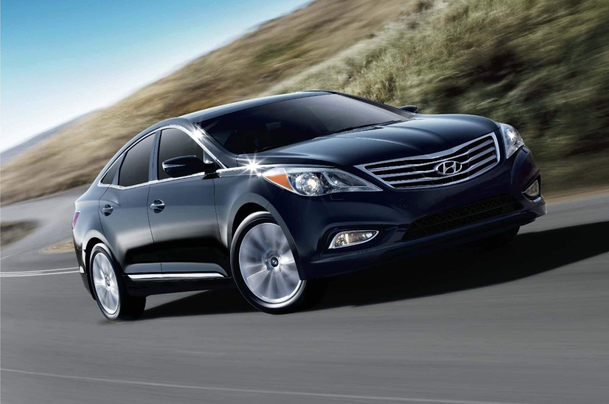 Hyundai Azera, black, winding road, Full HD Desktop Wallpaper