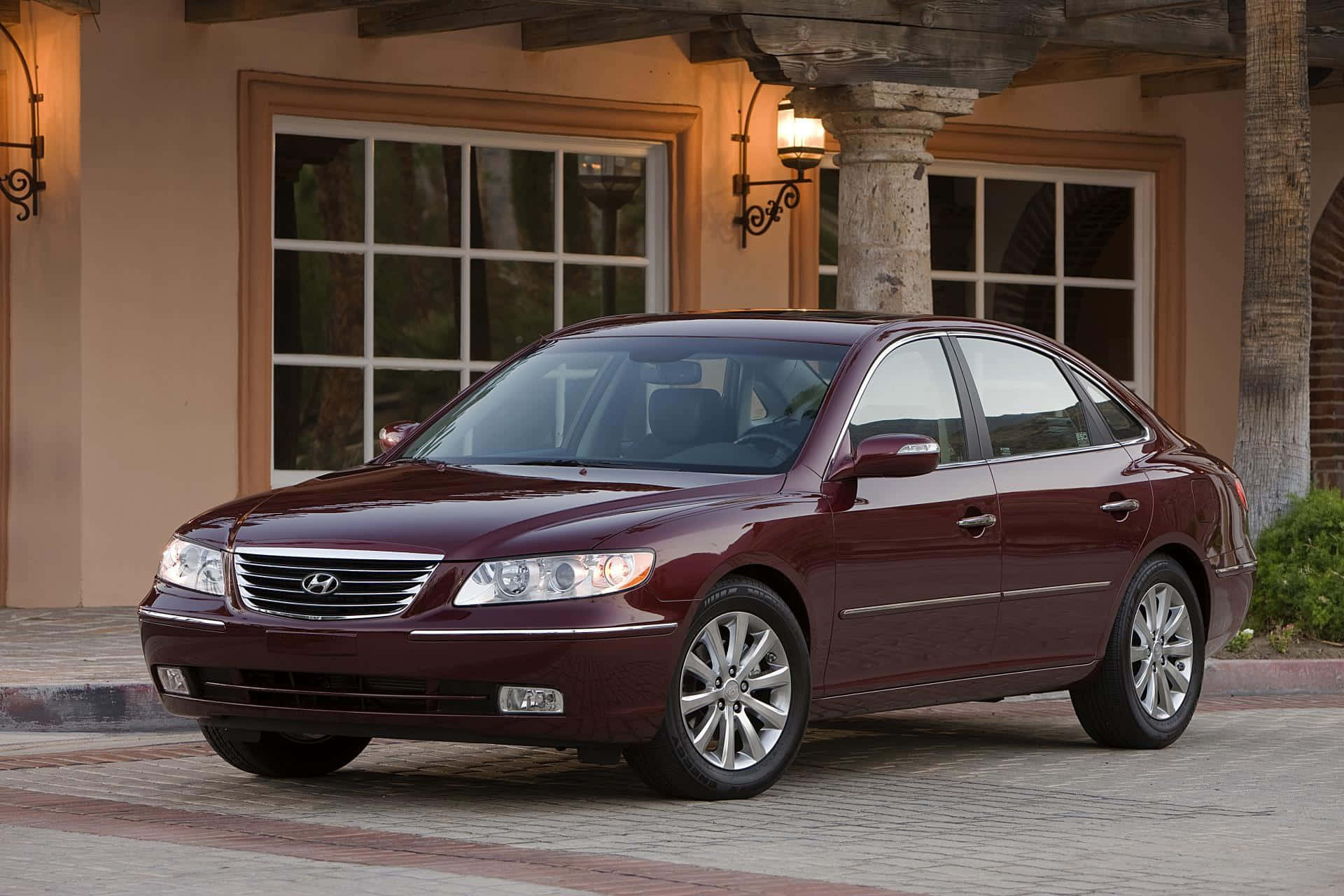 Hyundai Azera, maroon, evening lights, Full HD Desktop Wallpaper