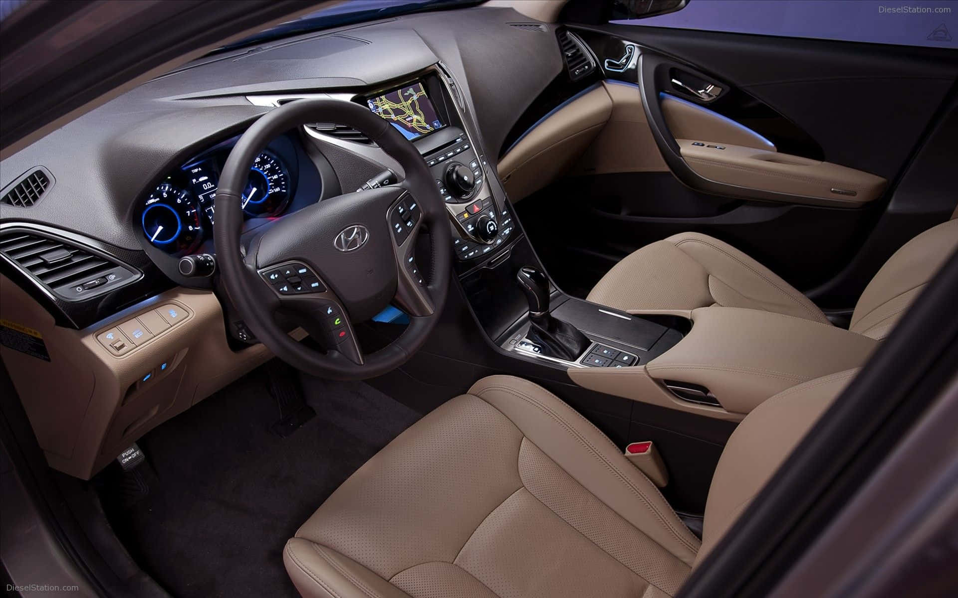 Hyundai Azera, beige and black car interior, blue illuminated dials, Full HD Desktop Wallpaper