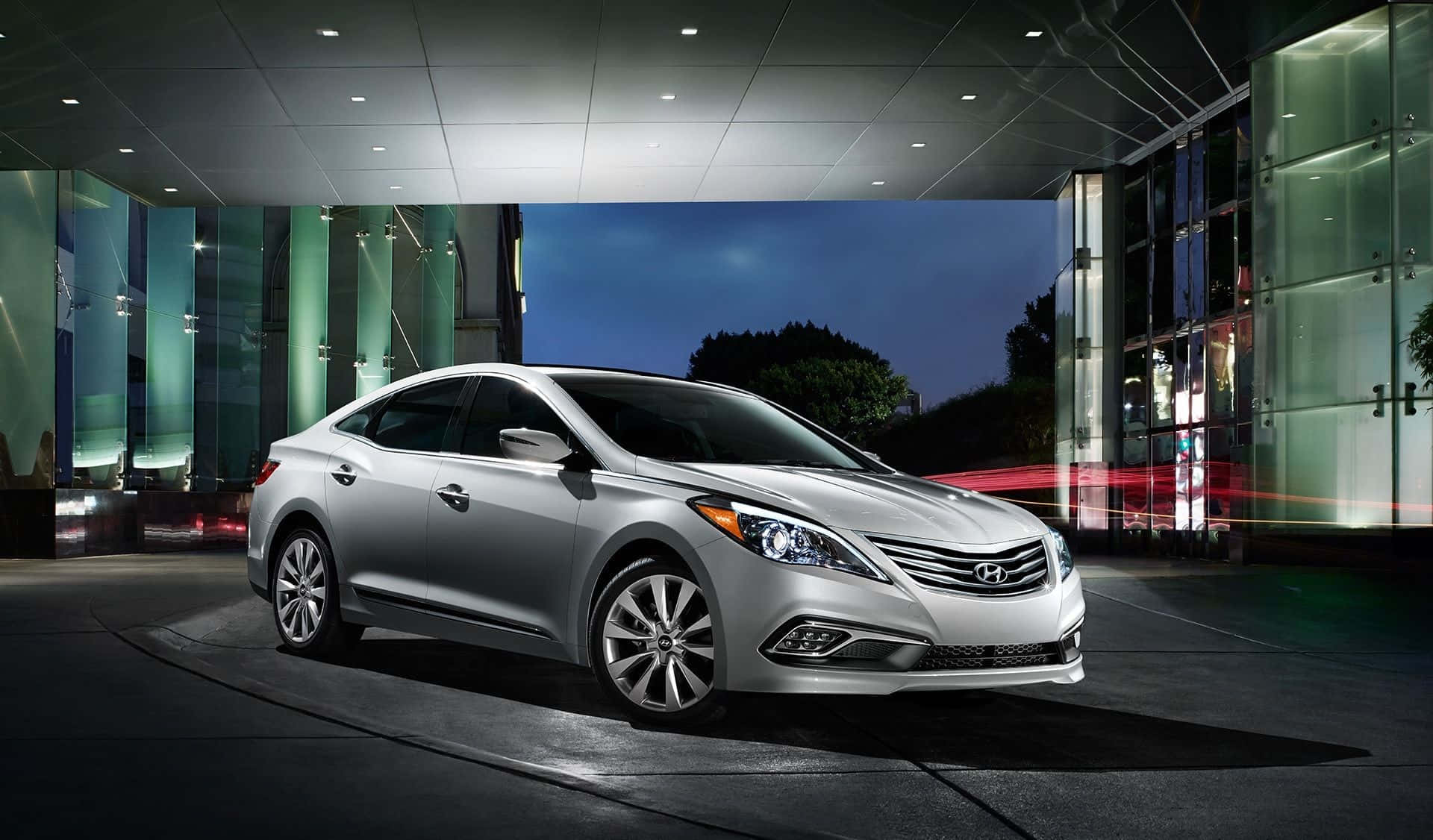 Hyundai Azera, silver, nighttime lights, Full HD Desktop Wallpaper