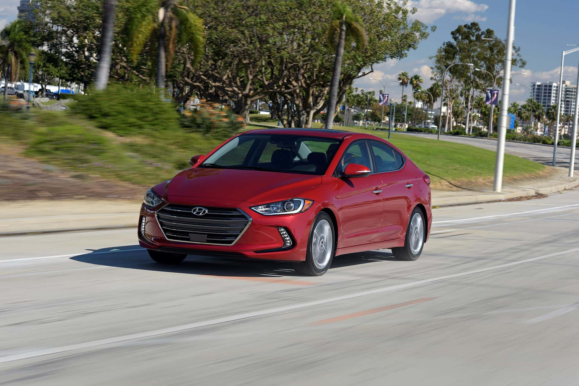 Hyundai Elantra, red, sunlit urban road, Full HD Desktop Wallpaper