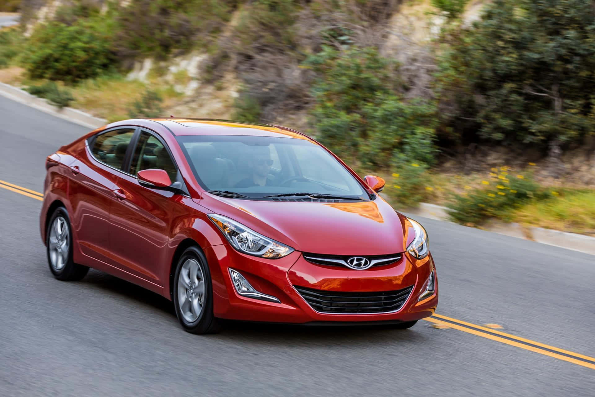 Hyundai Elantra, vibrant red, winding mountain road, Full HD Desktop Wallpaper