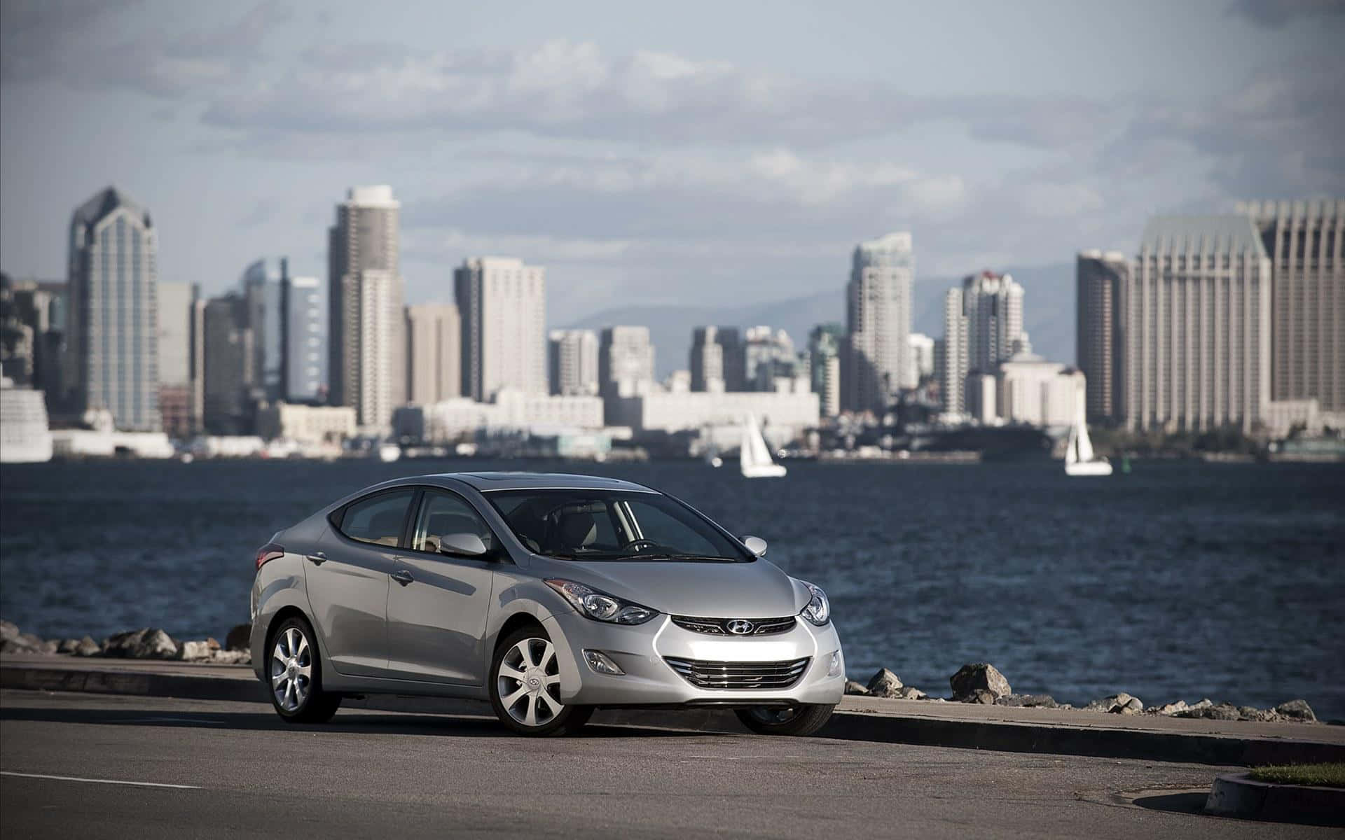 Hyundai Elantra, silver, waterfront, Full HD Desktop Wallpaper