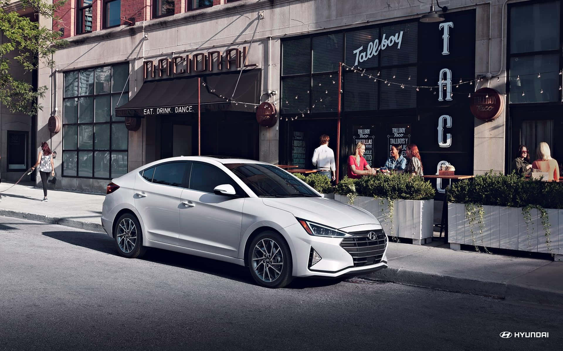 Hyundai Elantra, silver, sunlit city street, Full HD Desktop Wallpaper