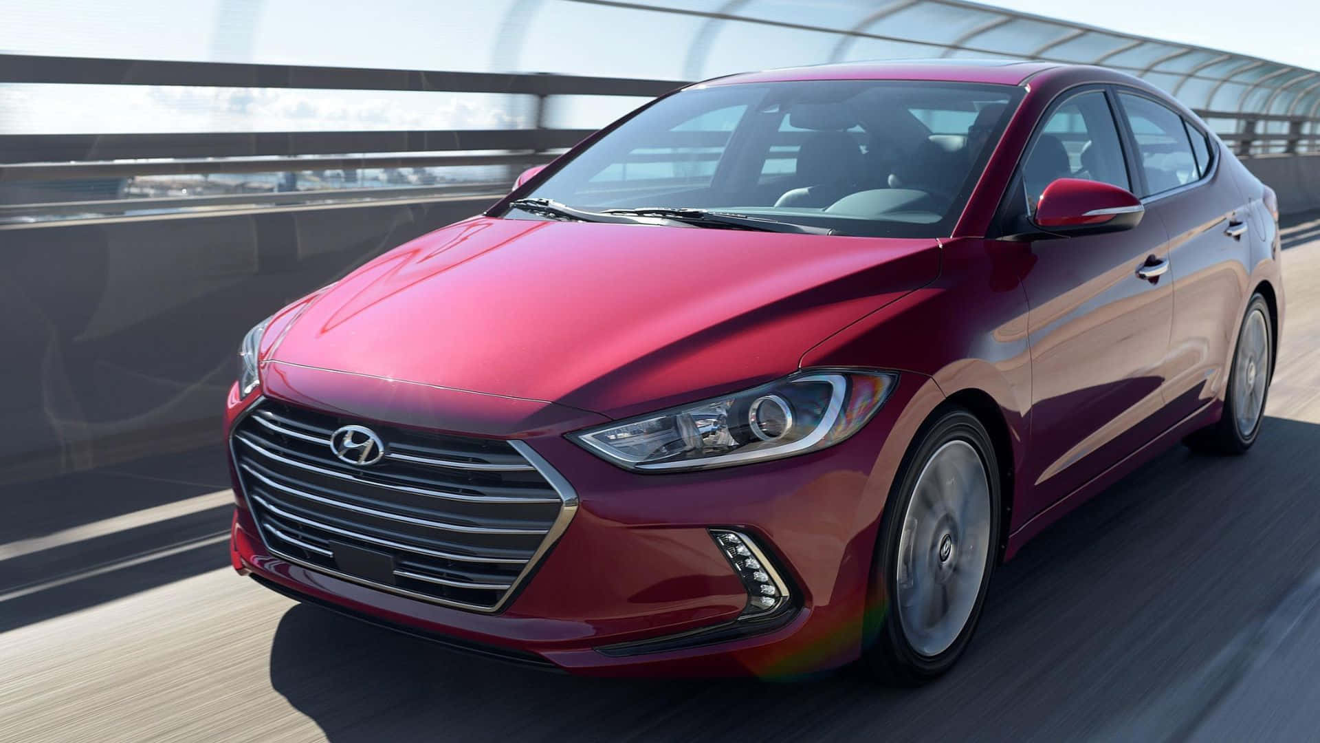 Hyundai Elantra, glossy red, modern elevated highway, Full HD Desktop Wallpaper
