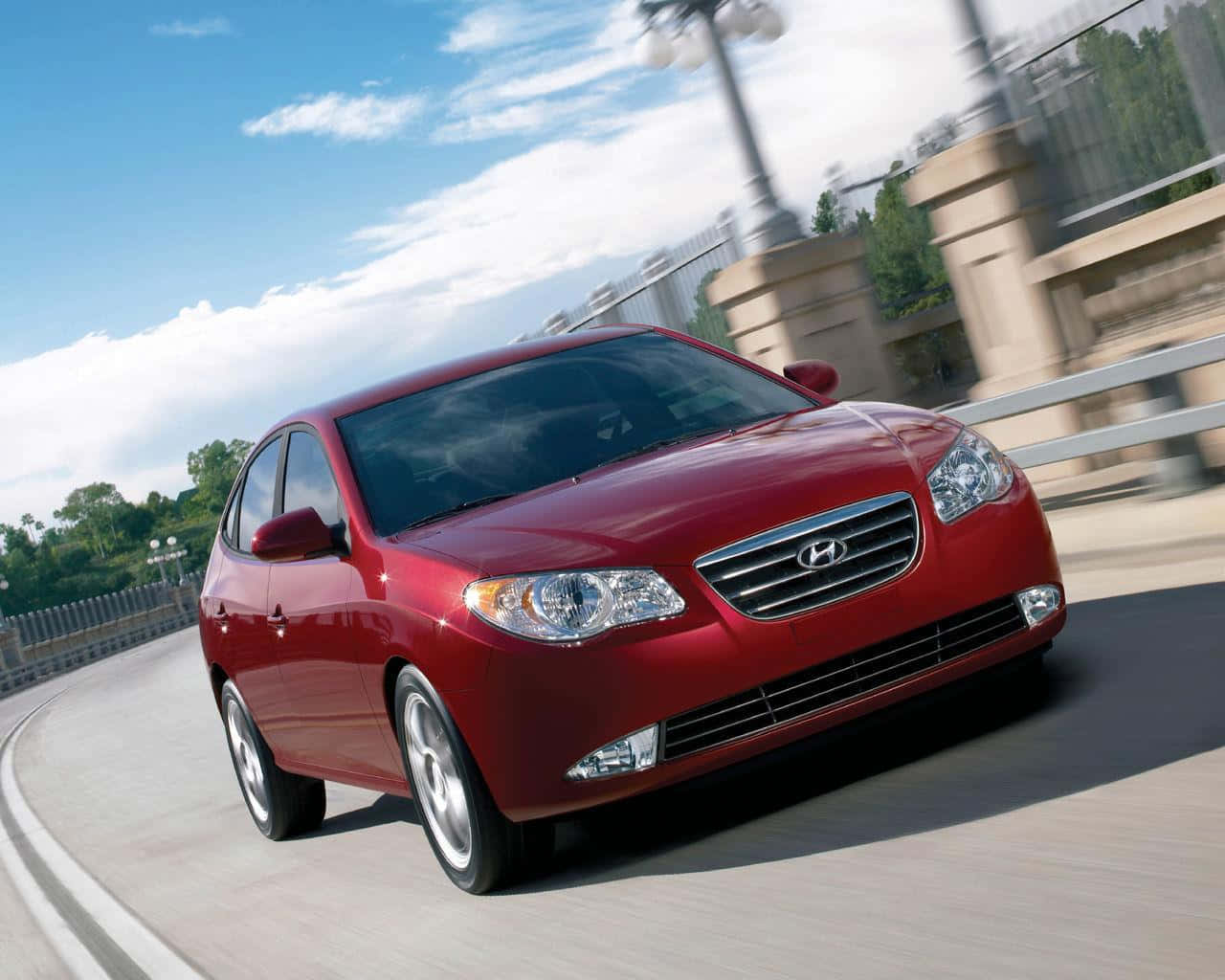 Hyundai Elantra, vibrant red, curved bridge, HD Desktop Wallpaper