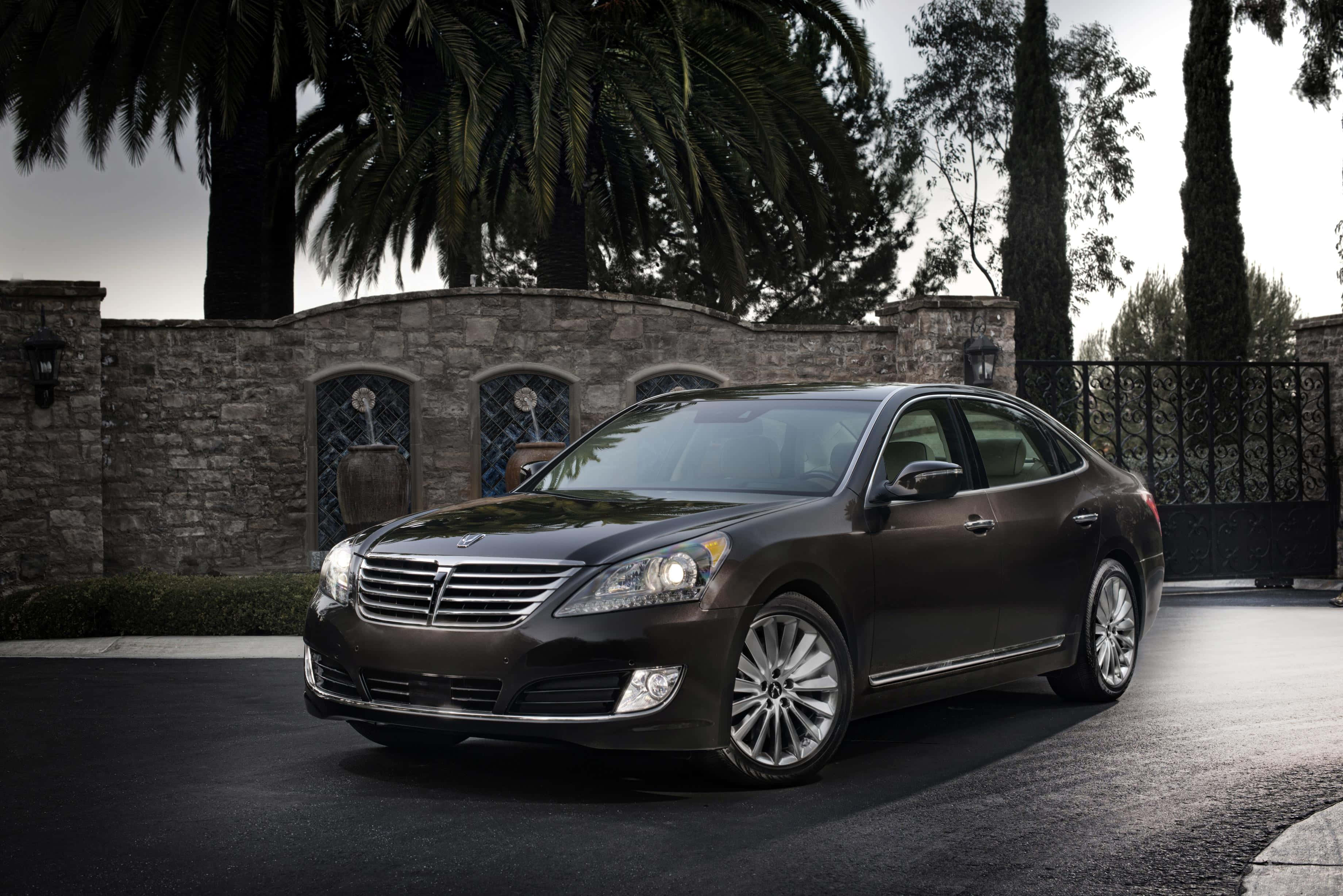 Hyundai Equus, dark brown, stone wall, 2K Desktop Wallpaper