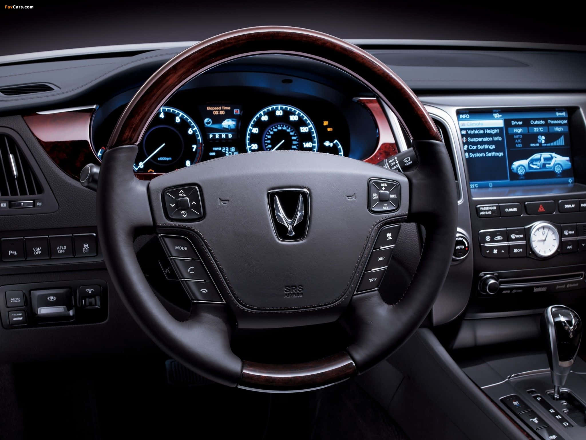 Hyundai Equus, wood-trimmed steering wheel, glowing blue dials, Full HD Desktop Wallpaper