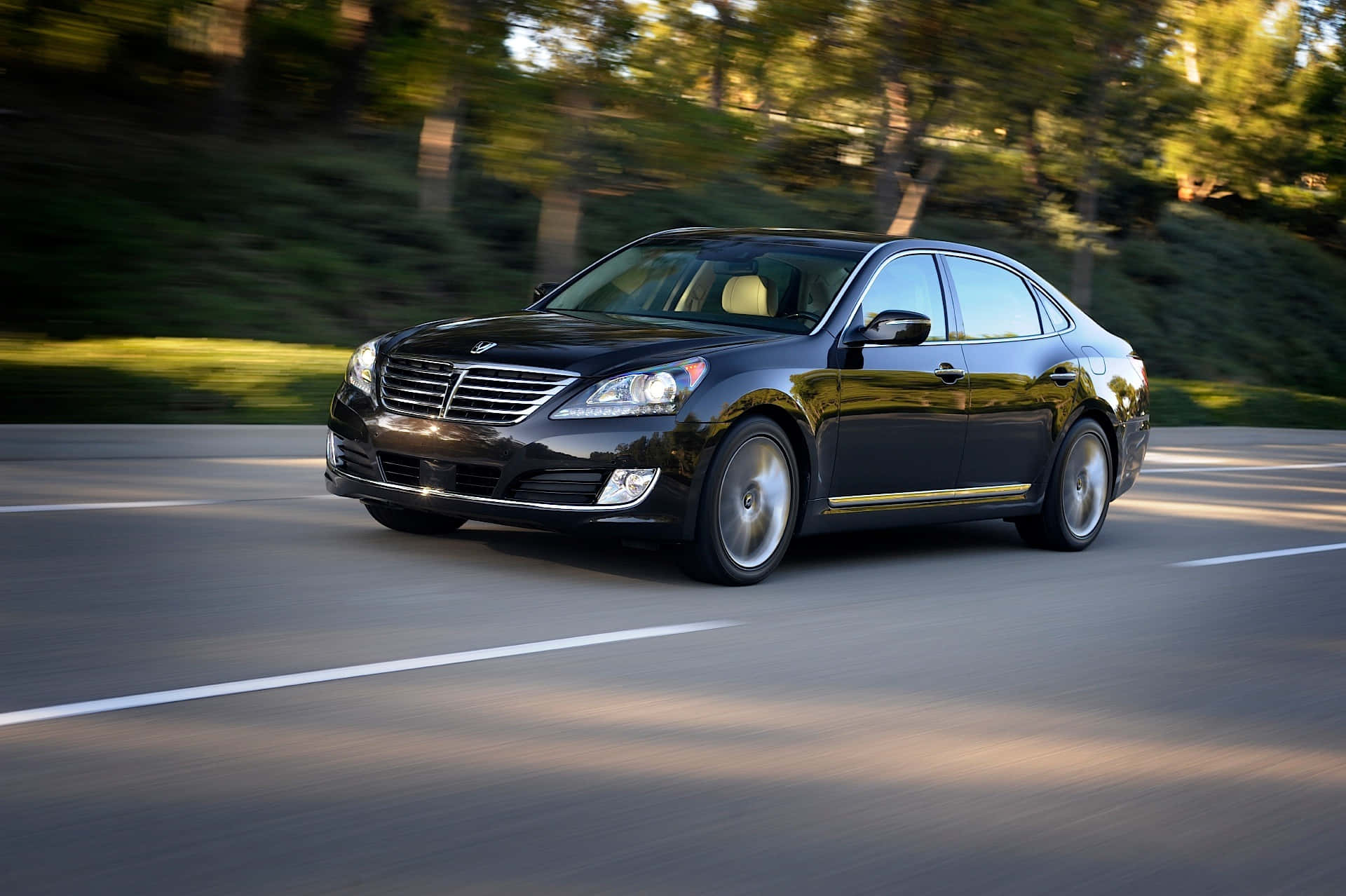 Hyundai Equus, sleek black luxury sedan, tree-lined road, Full HD Desktop Wallpaper