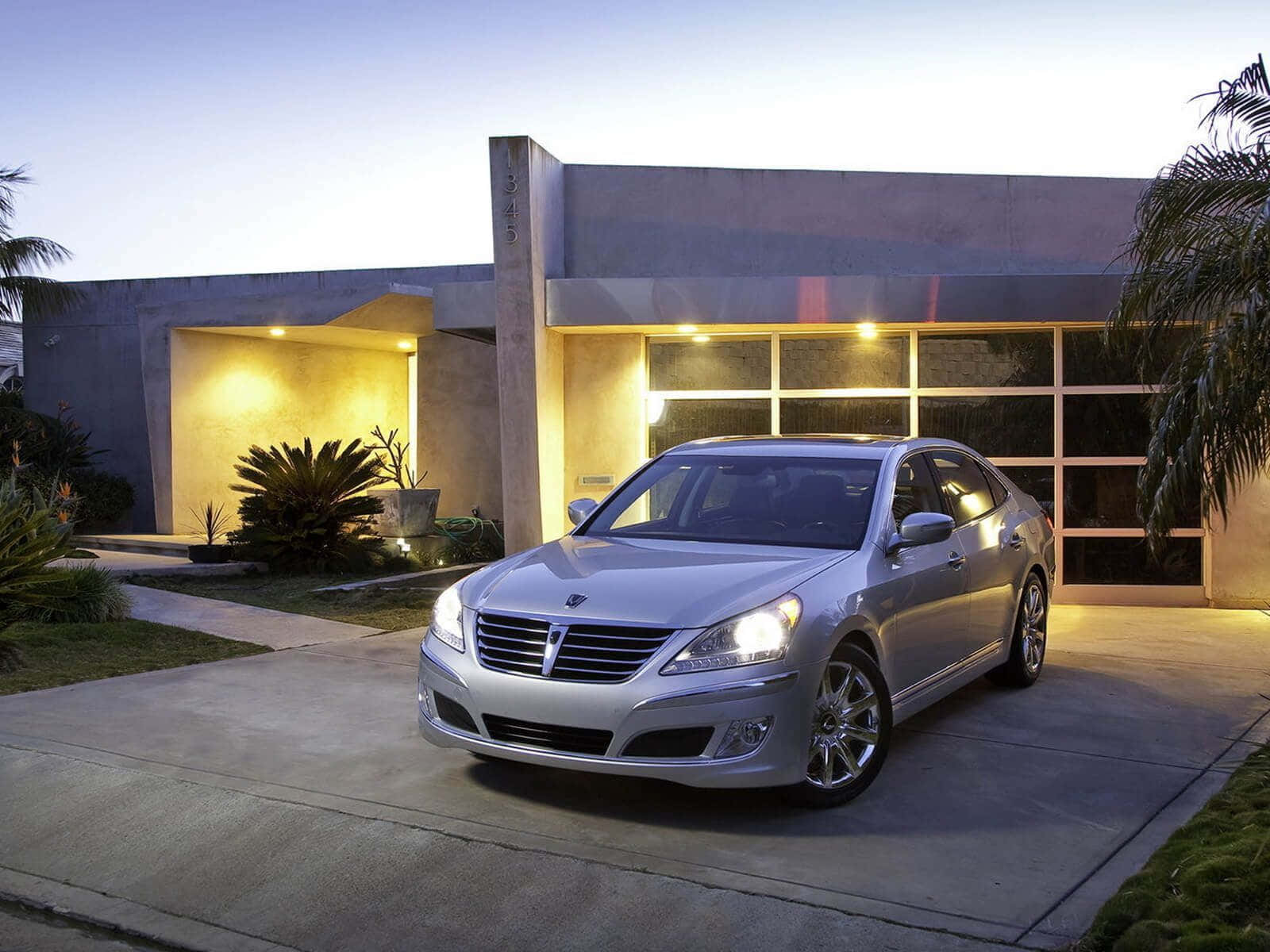 Hyundai Equus, silver, twilight lights, HD Desktop Wallpaper