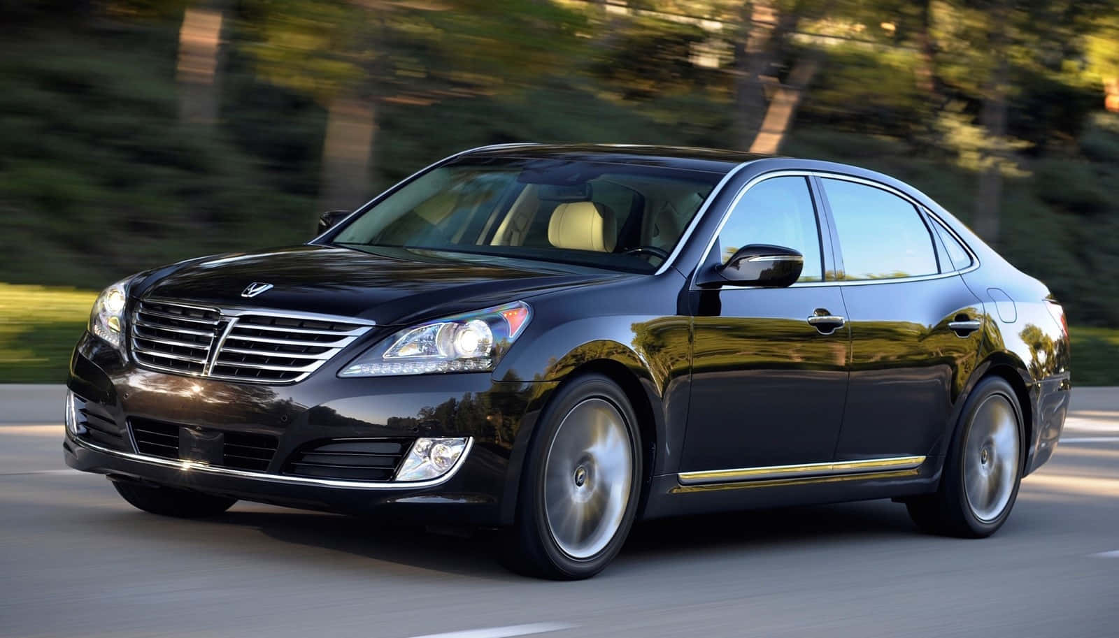 Hyundai Equus, sleek black luxury sedan, tree-lined road, HD Desktop Wallpaper