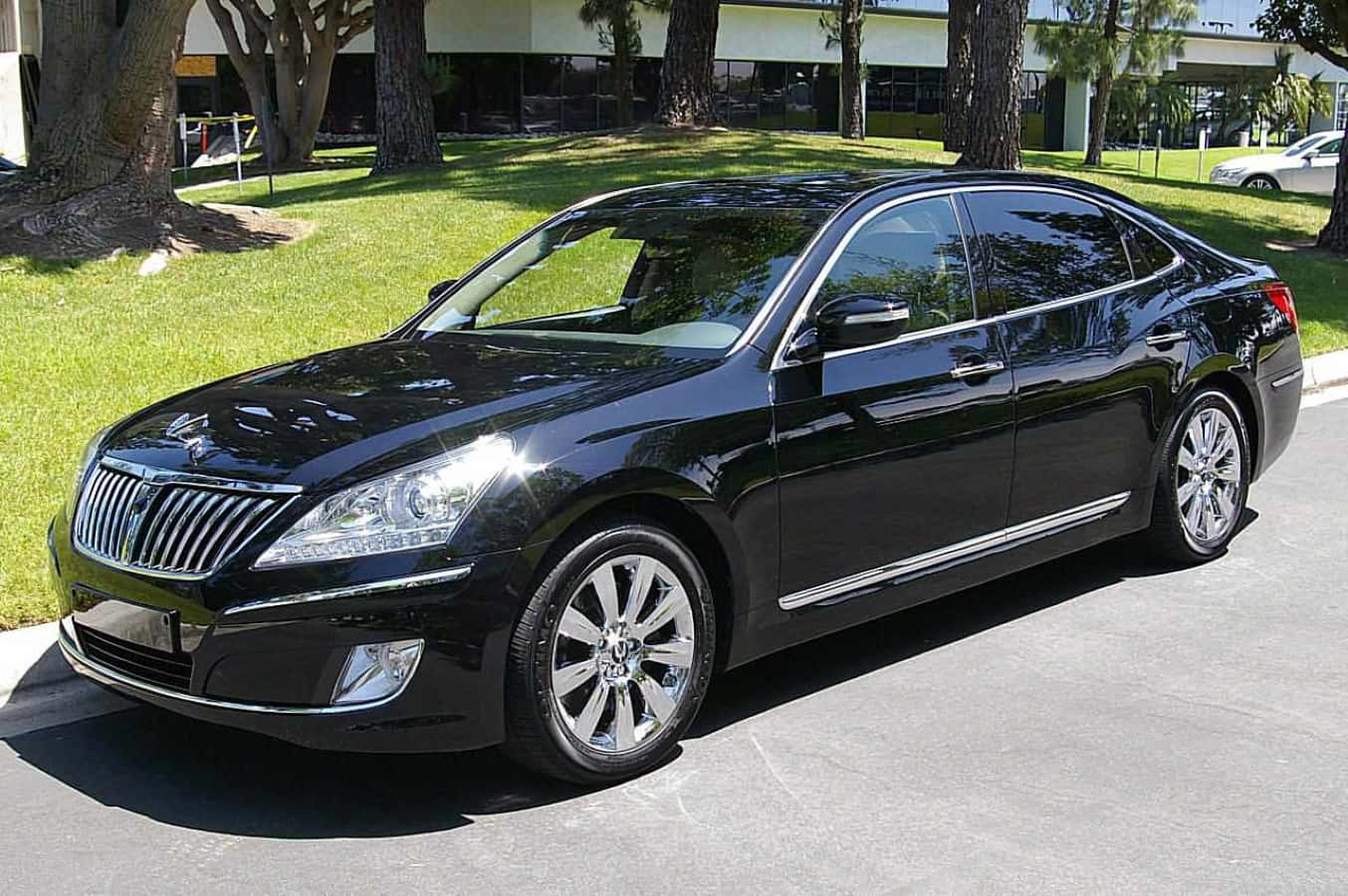 Hyundai Equus, sleek black luxury sedan, bright sunlight, HD Desktop Wallpaper