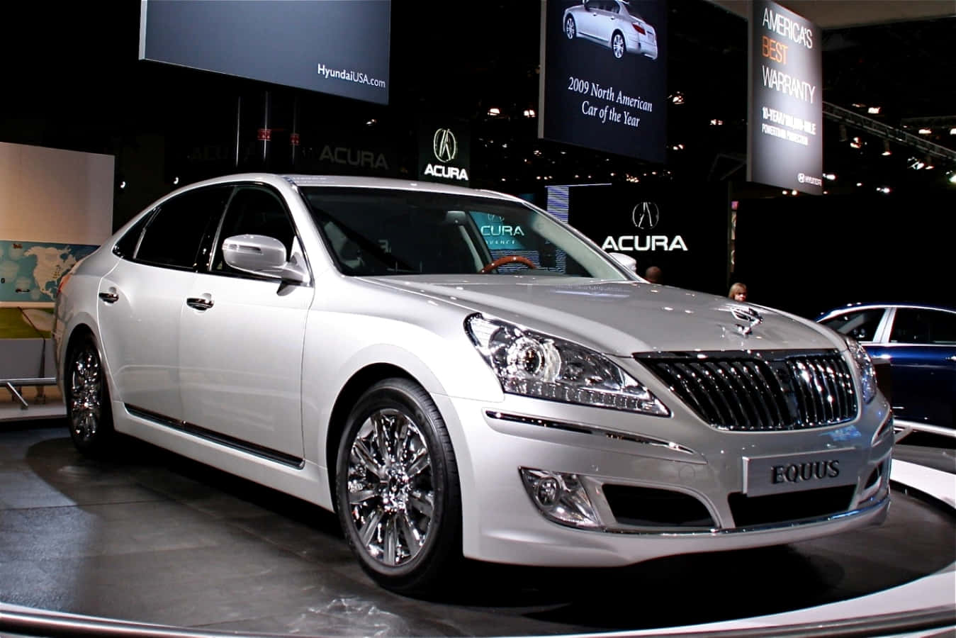 Hyundai Equus, silver, showroom lights, HD Desktop Wallpaper