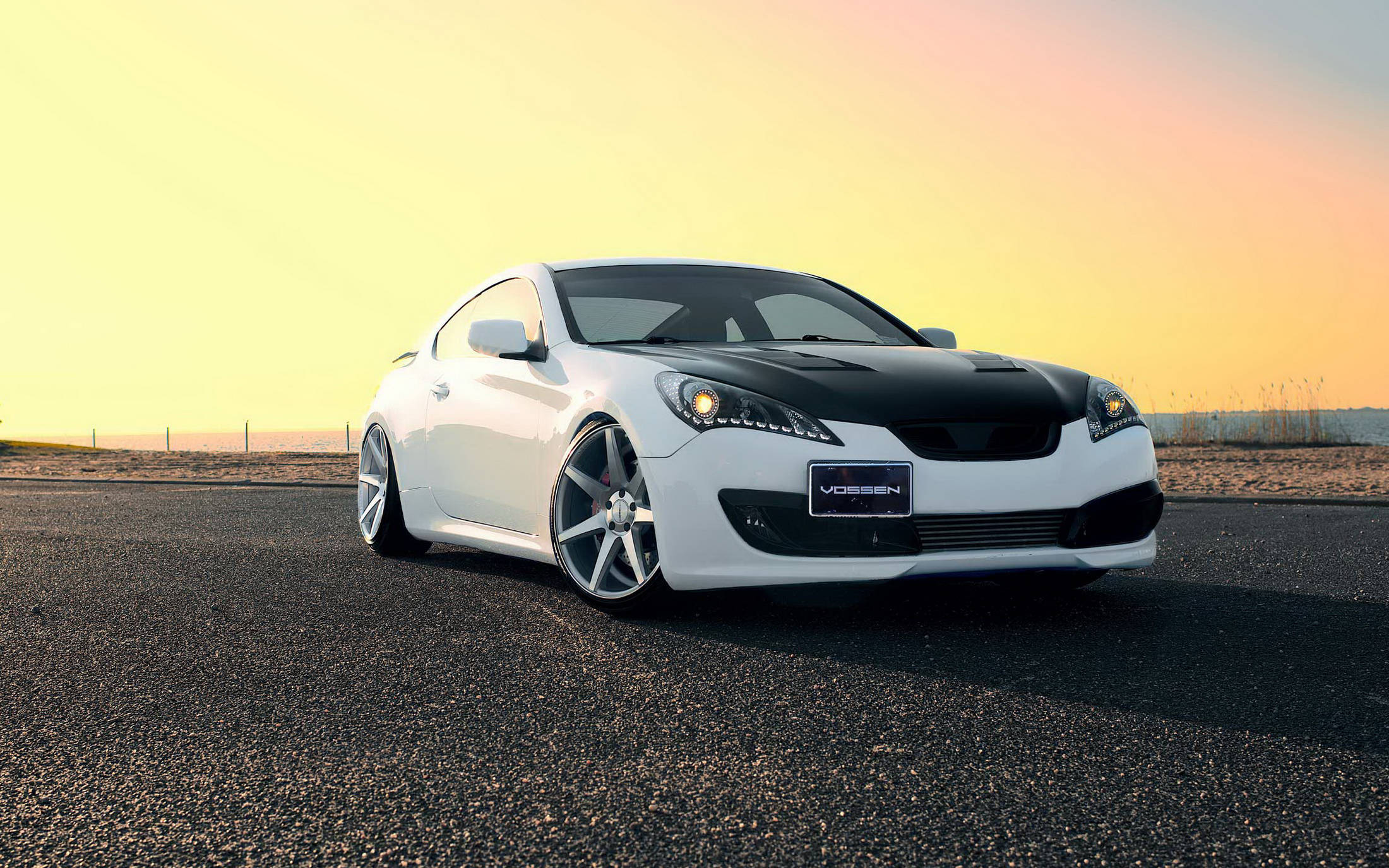 Hyundai Genesis, white sports car, black hood, Full HD Desktop Wallpaper